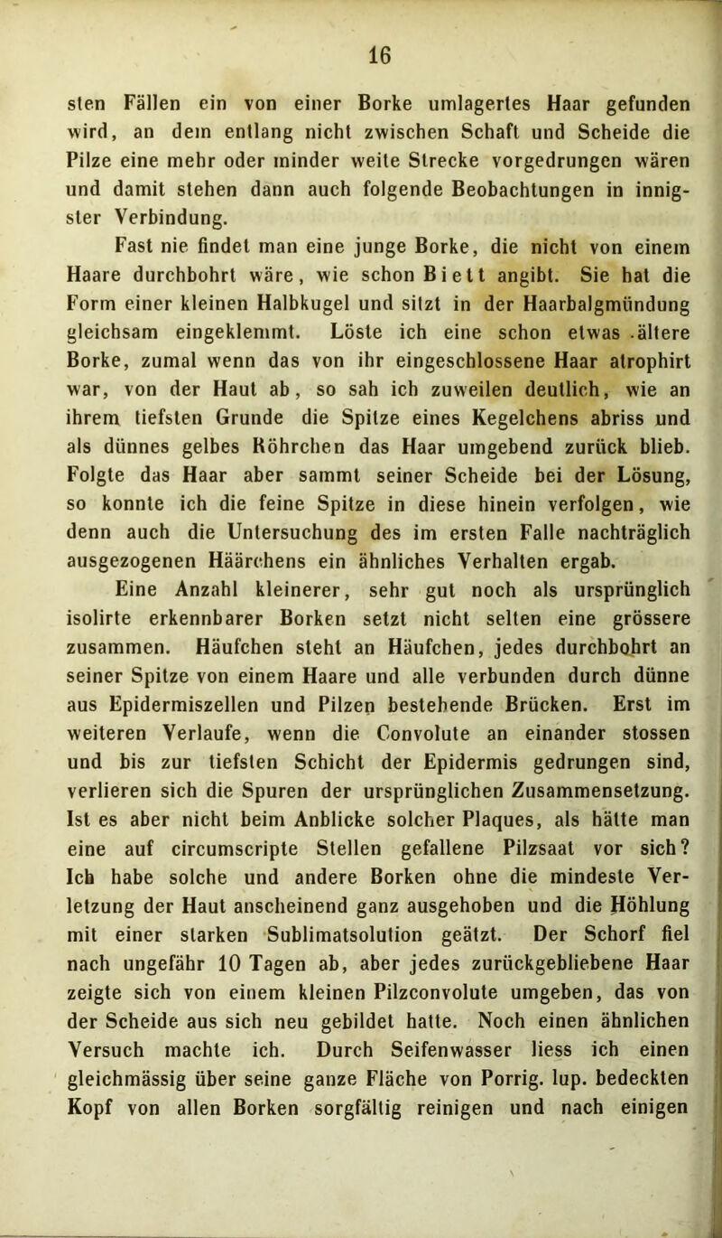 sten Fällen ein von einer Borke umlagertes Haar gefunden wird, an dem entlang nicht zwischen Schaft und Scheide die Pilze eine mehr oder minder weite Strecke vorgedrungen wären und damit stehen dann auch folgende Beobachtungen in innig- ster Verbindung. Fast nie findet man eine junge Borke, die nicht von einem Haare durchbohrt wäre, wie schon Bi ett angibt. Sie hat die Form einer kleinen Halbkugel und sitzt in der Haarbalgmündung gleichsam eingeklemmt. Löste ich eine schon etwas .ältere Borke, zumal wenn das von ihr eingeschlossene Haar atrophirt war, von der Haut ab, so sah ich zuweilen deutlich, wie an ihrem tiefsten Grunde die Spitze eines Kegelchens abriss und als dünnes gelbes Röhrchen das Haar umgebend zurück blieb. Folgte das Haar aber sammt seiner Scheide bei der Lösung, so konnte ich die feine Spitze in diese hinein verfolgen, wie denn auch die Untersuchung des im ersten Falle nachträglich ausgezogenen Häärchens ein ähnliches Verhalten ergab. Eine Anzahl kleinerer, sehr gut noch als ursprünglich isolirte erkennbarer Borken setzt nicht selten eine grössere zusammen. Häufchen steht an Häufchen, jedes durchbohrt an seiner Spitze von einem Haare und alle verbunden durch dünne aus Epidermiszellen und Pilzen bestehende Brücken. Erst im weiteren Verlaufe, wenn die Convolute an einander stossen und bis zur tiefsten Schicht der Epidermis gedrungen sind, verlieren sich die Spuren der ursprünglichen Zusammensetzung. Ist es aber nicht beim Anblicke solcher Plaques, als hätte man eine auf circumscripte Stellen gefallene Pilzsaat vor sich? Ich habe solche und andere Borken ohne die mindeste Ver- letzung der Haut anscheinend ganz ausgehoben und die Höhlung mit einer starken Sublimatsolution geätzt. Der Schorf fiel nach ungefähr 10 Tagen ab, aber jedes zurückgebliebene Haar zeigte sich von einem kleinen Pilzconvolute umgeben, das von der Scheide aus sich neu gebildet hatte. Noch einen ähnlichen Versuch machte ich. Durch Seifenwasser liess ich einen gleichmässig über seine ganze Fläche von Porrig. lup. bedeckten Kopf von allen Borken sorgfältig reinigen und nach einigen