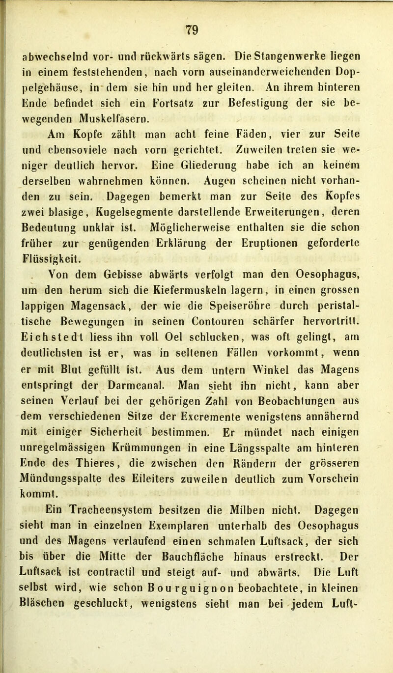 abwechselnd vor- und rückwärts sägen. Die Stangenwerke liegen in einem feststehenden, nach vorn auseinanderweichenden Dop- pelgehäuse, in dem sie hin und her gleiten. An ihrem hinteren Ende befindet sich ein Fortsatz zur Befestigung der sie be- wegenden Muskelfasern. Am Kopfe zählt man acht feine Fäden, vier zur Seite und ebensoviele nach vorn gerichtet. Zuweilen treten sie we- niger deutlich hervor. Eine Gliederung habe ich an keinem derselben wahrnehmen können. Augen scheinen nicht vorhan- den zu sein. Dagegen bemerkt man zur Seite des Kopfes zwei blasige, Kugelsegmente darstellende Erweiterungen, deren Bedeutung unklar ist. Möglicherweise enthalten sie die schon früher zur genügenden Erklärung der Eruptionen geforderte Flüssigkeit. Von dem Gebisse abwärts verfolgt man den Oesophagus, um den herum sich die Kiefermuskeln lagern, in einen grossen lappigen Magensack, der wie die Speiseröhre durch peristal- tische Bewegungen in seinen Contouren schärfer hervorlritt. Eichstedt liess ihn voll Oel schlucken, was oft gelingt, am deutlichsten ist er, was in seltenen Fällen vorkommt, wenn er mit Blut gefüllt ist. Aus dem untern Winkel das Magens entspringt der Darmcanal. Man sieht ihn nicht, kann aber seinen Verlauf bei der gehörigen Zahl von Beobachtungen aus dem verschiedenen Sitze der Excremente wenigstens annähernd mit einiger Sicherheit bestimmen. Er mündet nach einigen unregelmässigen Krümmungen in eine Längsspalte am hinteren Ende des Thieres, die zwischen den Rändern der grösseren Mündungsspalte des Eileiters zuweilen deutlich zum Vorschein kommt. Ein Tracheensystem besitzen die Milben nicht. Dagegen sieht man in einzelnen Exemplaren unterhalb des Oesophagus und des Magens verlaufend einen schmalen Luftsack, der sich bis über die Mitte der Bauchfläche hinaus erstreckt. Der Luftsack ist contractil und steigt auf- und abwärts. Die Luft selbst wird, wie schon B ou rgu ig n on beobachtete, in kleinen Bläschen geschluckt, wenigstens sieht man bei jedem Luft-