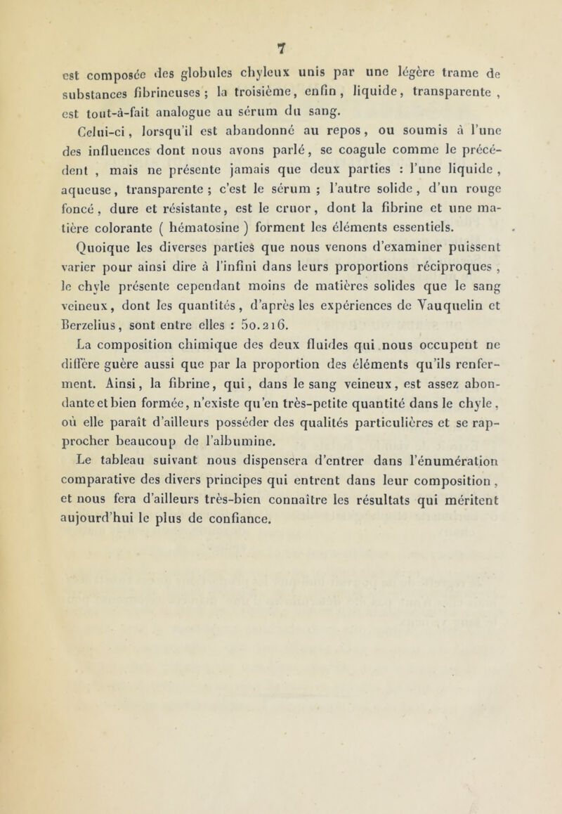 est composée des globules chyleux unis par une légère trame de substances fibrineuses; la troisième, enfin, liquide, transparente, est toiit-à-fait analogue au sérum du sang. Celui -ci, lorsqu’il est abandonné au repos, ou soumis à l’une des influences dont nous avons parlé, se coagule comme le précé- dent , mais ne présente jamais que deux parties : l’une liquide , aqueuse, transparente; c’est le sérum; l’autre solide, d’un rouge foncé, dure et résistante, est le cruor, dont la fibrine et une ma- tière colorante ( hématosine ) forment les éléments essentiels. Quoique les diverses parties que nous venons d’examiner puissent varier pour ainsi dire à l’infini dans leurs proportions réciproques , le chyle présente cependant moins de matières solides que le sang veineux, dont les quantités, d’après les expériences de Vauquelin et Berzelius, sont entre elles : 5o.2i6. La composition chimique des deux fluides qui.nous occupent ne dilfère guère aussi que par la proportion des éléments qu’ils renfer- ment. Ainsi, la fibrine, qui, dans le sang veineux, est assez abon- danteetbien formée, n’existe qu’en très-petite quantité dans le chyle, où elle paraît d’ailleurs posséder des qualités particulières et se rap- procher beaucoup de l’albumine. Le tableau suivant nous dispensera d’entrer dans l’énumération comparative des divers principes qui entrent dans leur composition, et nous fera d’ailleurs très-bien connaître les résultats qui méritent aujourd’hui le plus de confiance.