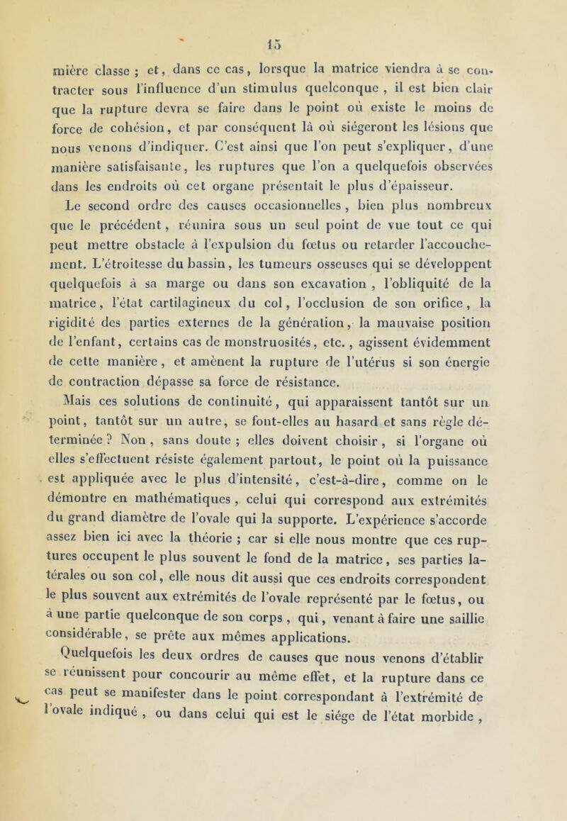 mière classe ; et, dans ce cas, lorsque la matrice viendra à se cou- tracter sous rinlliience d’un stimulus quelconque , il est bien clair que la rupture devra se faire dans le point où existe le moins de force de cohésion, et par conséquent là où siégeront les lésions que nous venons d’indiquer. C’est ainsi que l’on peut s’expliquer, d’une manière satisfaisante, les ruptures que l’on a quelquefois observées dans les endroits où cet organe présentait le plus d’épaisseur. Le second ordre des eauses occasionnelles , bien plus nombreux que le précédent, réunira sous un seul point de vue tout ce qui peut mettre obstacle à l’expulsion du fœtus ou retarder l’accouche- ment. L’étroitesse du bassin, les tumeurs osseuses qui se développent quelquefois à sa marge ou dans son excavation , l’obliquité de la matrice, l’état cartilagineux du col, l’occlusion de son orifice, la rigidité des parties externes de la génération, la mauvaise position de l’enfant, certains cas de monstruosités, etc. , agissent évidemment de cette manière, et amènent la rupture de l’utérus si son énergie de contraction dépasse sa force de résistance. Mais ces solutions de continuité, qui apparaissent tantôt sur un point, tantôt sur un autre, se font-elles au hasard et sans règle dé- terminée ? Non , sans doute ; elles doivent choisir , si l’organe où elles s’effectuent résiste également partout, le point où la puissance est appliquée avec le plus d’intensité, c’est-à-dire, comme on le démontre en mathématiques , celui qui correspond aux extrémités du grand diamètre de l’ovale qui la supporte. L’expérience s’accorde assez bien ici avec la théorie ; car si elle nous montre que ces rup- tures occupent le plus souvent le fond de la matrice, ses parties la- térales ou son col, elle nous dit aussi que ces endroits correspondent le plus souvent aux extrémités de l’ovale représenté par le fœtus, ou à une partie quelconque de son corps , qui, venant à faire une saillie considérable, se prête aux mêmes applications. Quelquefois les deux ordres de causes que nous venons d’établir se léunissent pour concourir au même effet, et la rupture dans ce cas peut se manifester dans le point correspondant à l’extrémité de 1 ovale indiqué , ou dans celui qui est le siège de l’état morbide ,