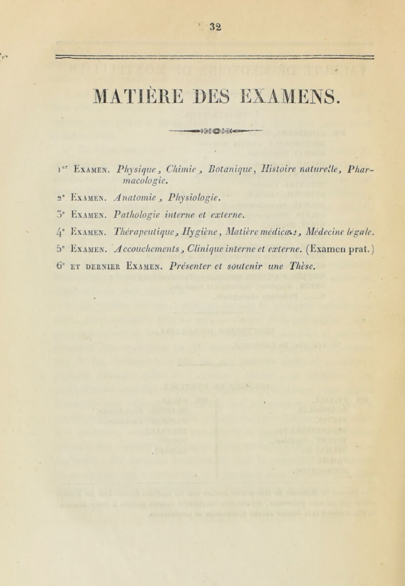 MAT]ÈRE DES ILAAMENS. * !■ Examen, Physique^ Chimie ^ Botanique^ Histoire naturelle. Phar- macologie. 2* Examen. Anatomie, Physiologie. 5' Examen. Pathologie interne et externe. 4' lixAMEN. Thérapeutique, Hygiène, Matière médica^j, Médecine légale. 5* Examen. 'Accouchements, Clinique interne et exteime. (Examen prat.) 6“ et deuniek Examen. Présenter et soutenir une Thèse.