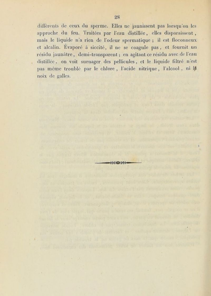 dilTércnts de ceux du sperme. Elles ne jaunissent pas lorsqu’on les approche du feu. Traitées par l’eau distillée, elles disparaissent , mais le liquide n’a rien de l’odeur spermatique ; il est floconneux r et alcalin. Evaporé à siccité, il ne se coagule pas, et fournit un résidu jaunâtre , demi-transparent ; en agitant ce résidu avec de l’eau , distillée, on voit surnager des pellicules, et le liquide fdtré n’est j)as même troublé par le chlore , l’acide nitrique, l’alcool , ni 1^ noix de galles. —05)ËOi^