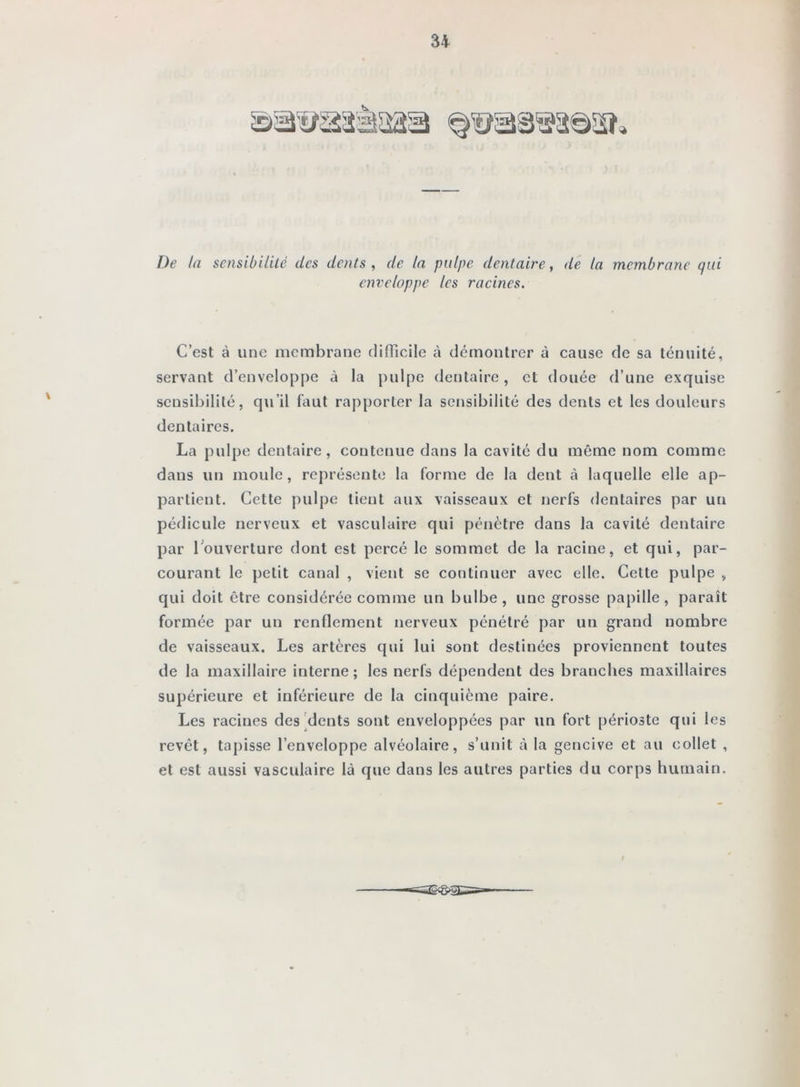 De la sensibllilé des dents, de la pulpe dentaire, de la membrane qui enveloppe les racines. C’est à une membrane difficile à démontrer à cause de sa ténuité, servant d’enveloppe à la pulpe dentaire, et douée d’une exquise sensibilité, qu’il faut rapporter la sensibilité des dents et les douleurs dentaires. La pulpe dentaire, contenue dans la cavité du même nom comme dans un moule, représente la forme de la dent à laquelle elle ap- partient. Cette pulpe lient aux vaisseaux et nerfs dentaires par un pédicule nerveux et vasculaire qui pénètre dans la cavité dentaire par l'ouverture dont est percé le sommet de la racine, et qui, par- courant le petit canal , vient se continuer avec elle. Cette pulpe , qui doit être considérée comme un bulbe, une grosse papille, paraît formée par un renflement nerveux pénétré par un grand nombre de vaisseaux. Les artères qui lui sont destinées proviennent toutes de la maxillaire interne ; les nerfs dépendent des branches maxillaires supérieure et inférieure de la cinquième paire. Les racines des'dents sont enveloppées par un fort périoste qui les revêt, tapisse l’enveloppe alvéolaire, s’unit à la gencive et au collet , et est aussi vasculaire là que dans les autres parties du corps humain. I