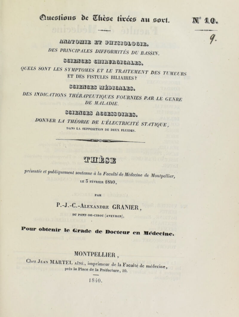 (Îluc0ltiiu0 bc SSbcsc Ikce© au ©ovt. ûnaa®aiia aa a>inass3®i®(Bao5, DES mmciPALES DIFFORMITÉS DU BASSIN. S(Sîi3îî2i3g ^iaa3iîD:û(ûii(eüiLisSa QUELS SONT LES SYMPTOMES ET LE TIUITEMENT DES TUMEURS ET DES FISTULES BILIAIRES? S(B335îîJ3§ mllD3(EilIt3g;> DES INDWAnoNS THÉIUPEUTIQUES FOURNIES PAR LE GENRE DE MALADIE. S(E33îî(fî3SS ü2î(B3S§(D3iaiBS» donner la THÉORIE DE ^ÉLECTRICITÉ STATIQUE. dams la supposition de deux fluides. ïPinâsiiB pmmtée etpMiqummU soutemu, à la Famlté de Médecine de MmlpeWer. LE O Février 1840, PAR P.-J.-C.-Alexandre GRANIER, DU PONT-DE-CinoU (AVEYRONJ, Pour obtenir le dracle de Docteur en Dédecine. MONTPELLIER , Ch.. Je,, marte, ,î.é, i,„p.™e„E de la Facul.é 3e ,„3deci„e, pies la Place de la Préfecture, 10. ” t®. ■ — t 8»^— 9- 18^^0.