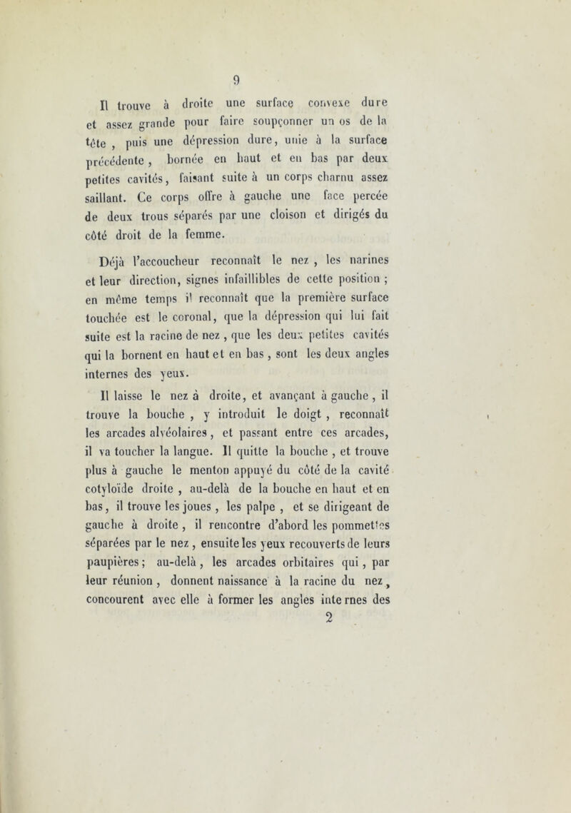 Il trouve à droite une surface convexe dure et assez grande pour faire soupçonner un os de la tète , puis une dépression dure, unie à la surface précédente , bornée en haut et en bas par deux petites cavités, faisant suite à un corps charnu assez saillant. Ce corps offre à gauche une face percée de deux trous séparés par une cloison et dirigés du côté droit de la femme. Déjà l’accoucheur reconnaît le nez , les narines et leur direction, signes infaillibles de cette position ; en même temps il reconnaît que la première surface touchée est le coronal, que la dépression qui lui fait suite est la racine de nez , que les deux petites cavités qui la bornent en haut et en bas , sont les deux angles internes des yeux. Il laisse le nez à droite, et avançant à gauche , il trouve la bouche , y introduit le doigt , reconnaît les arcades alvéolaires, et passant entre ces arcades, il va toucher la langue. 11 quitte la bouche , et trouve plus à gauche le menton appuyé du côté de la cavité cotyloïde droite , au-delà de la bouche en haut et en bas, il trouve les joues , les palpe , et se dirigeant de gauche à droite , il rencontre d’abord les pommettes séparées par le nez , ensuite les yeux recouverts de leurs paupières ; au-delà, les arcades orbitaires qui, par leur réunion , donnent naissance à la racine du nez , concourent avec elle à former les angles inte mes des 2