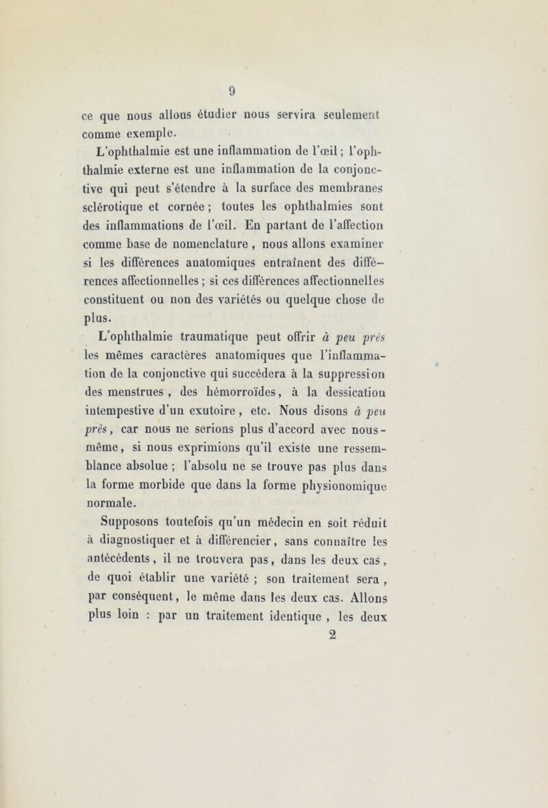 ce que nous allons étudier nous servira seulement comme exemple. L’ophthalmie est une inflammation de l’œil ; l’oph- thalmie externe est une inflammation de la conjonc- tive qui peut s’étendre à 1a surface des membranes sclérotique et cornée ; toutes les oplitbalmies sont des inflammations de l’œil. En partant de l’alTectioii comme base de nomenclature , nous allons examiner si les différences anatomiques entraînent des diffé- rences affectionnelles ; si ces différences affectionnelles constituent ou non des variétés ou quelque chose de plus. L’oplithalmie traumatique peut offrir à peu près les mêmes caractères anatomiques que l’inflamma- tion de la conjonctive qui succédera à la suppression des menstrues , des hémorroïdes, à la dessication intempestive d’un exutoire, etc. Nous disons à peu près, car nous ne serions plus d’accord avec nous- même, si nous exprimions qu’il existe une ressem- blance absolue ; l’absolu ne se trouve pas plus dans la forme morbide que dans la forme physionomique normale. Supposons toutefois qu’un médecin en soit réduit à diagnostiquer et à différencier, sans connaître les antécédents, il ne trouvera pas, dans les deux cas, de quoi établir une variété ; son traitement sera , par conséquent, le même dans les deux cas. Allons plus loin : par un traitement identique , les deux 2