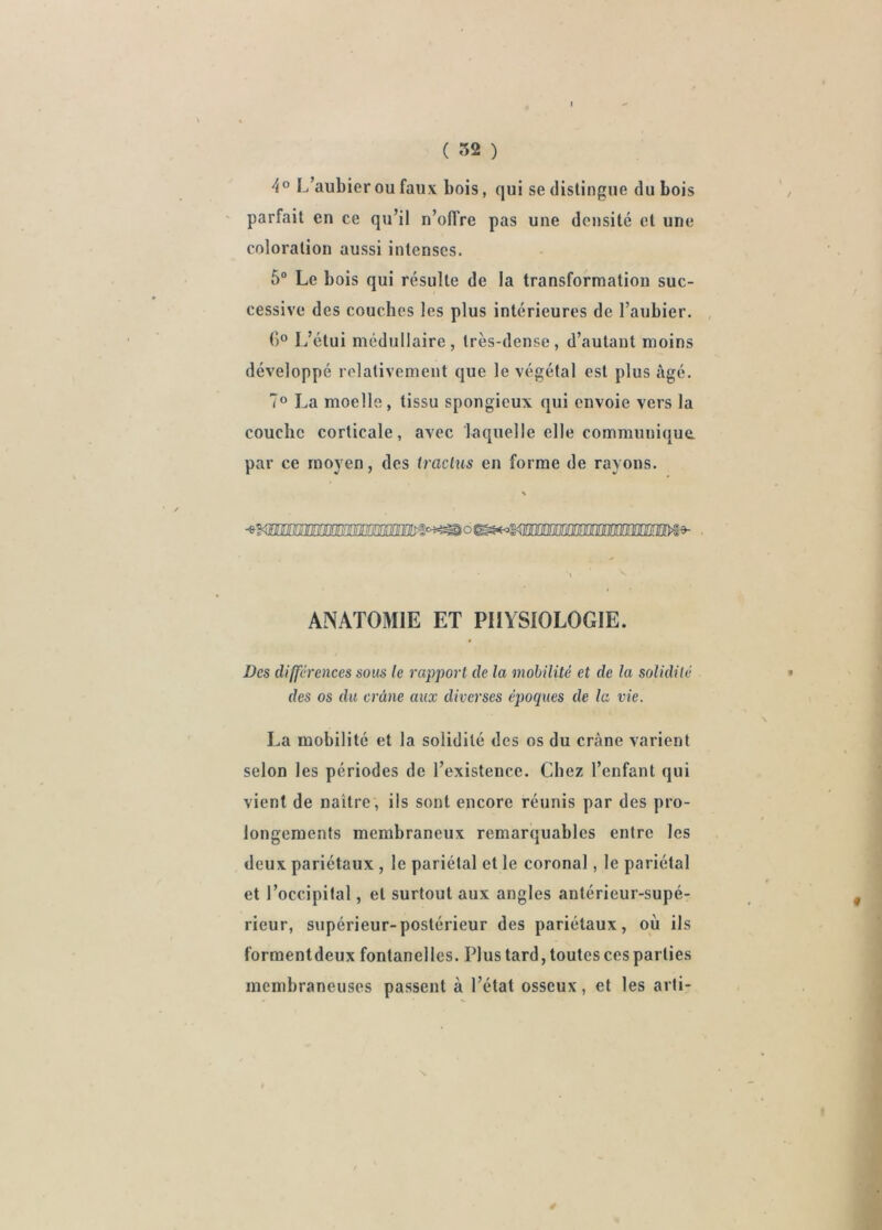 4° L’aubier ou faux bois, qui se distingue du bois parfait en ce qu’il n’oITre pas une densité et une coloration aussi intenses. 5“ Le bois qui résulte de la transformation suc- cessive des couches les plus intérieures de l’aubier. , t)° L’étui médullaire, très-dense, d’autant moins développé relativement que le végétal est plus âgé. 7° La moelle, tissu spongieux qui envoie vers la couche corticale, avec laquelle elle communique, par ce moyen, des traclus en forme de rayons. ANATOMIE ET PHYSIOLOGIE. » Des différences sous le rapport de la mobilité et de la solidité des os du crâne aux diverses époques de la vie. La mobilité et la solidité des os du crâne varient selon les périodes de l’existence. Chez l’enfant qui vient de naître , ils sont encore réunis par des pro- longements membraneux remarquables entre les deux pariétaux , le pariétal et le coronal, le pariétal et l’occipital, et surtout aux angles antérieur-supé- rieur, supérieur-postérieur des pariétaux, où ils forment deux fontanelles. Plus tard, toutes ces parties membraneuses passent à l’état osseux, et les arfi- N.