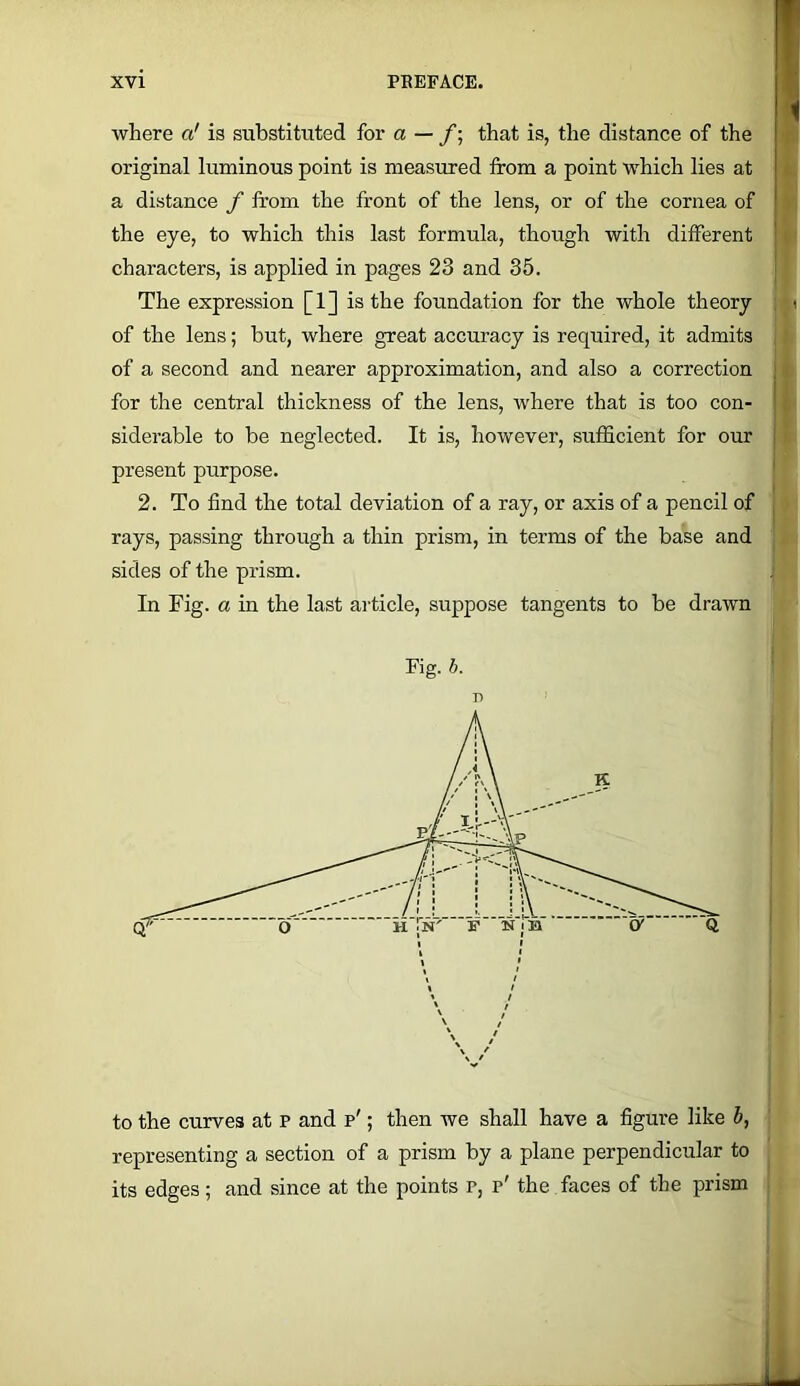 where a! is substituted for — /; that is, the distance of the original luminous point is measured from a point which lies at a distance f from the front of the lens, or of the cornea of the eye, to which this last formula, though with different characters, is applied in pages 23 and 35. The expression [1] is the foundation for the whole theory of the lens; but, where great accuracy is required, it admits of a second and nearer approximation, and also a correction for the central thickness of the lens, where that is too con- siderable to be neglected. It is, however, sufficient for our present purpose. 2. To find the total deviation of a ray, or axis of a pencil of rays, passing through a thin prism, in terms of the base and sides of the prism. In Fig. a in the last ai'ticle, suppose tangents to be drawn Fig. b. r> to the curves at p and p' ; then we shall have a figure like 5, representing a section of a prism by a plane perpendicular to its edges; and since at the points p, p' the faces of the prism