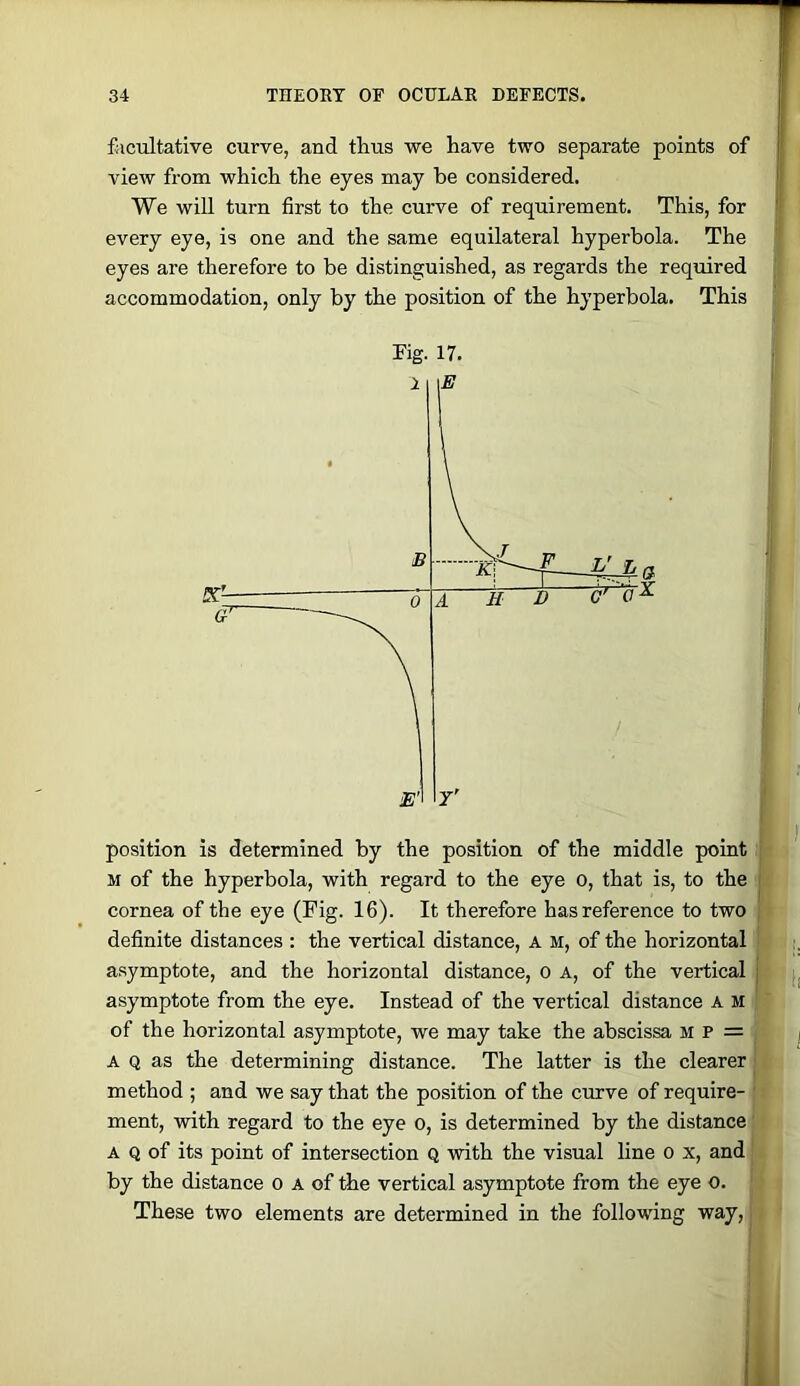 facultative curve, and thus we have two separate points of [ view from which the eyes may be considered. ii We will turn first to the curve of requirement. This, for  every eye, is one and the same equilateral hyperbola. The j eyes are therefore to be distinguished, as regards the required |j accommodation, only by the position of the hyperbola. This . Fig. 17. position is determined by the position of the middle point M of the hyperbola, with regard to the eye o, that is, to the cornea of the eye (Fig. 16). It therefore has reference to two definite distances : the vertical distance, a m, of the horizontal asymptote, and the horizontal distance, o A, of the vertical | asymptote from the eye. Instead of the vertical distance a m of the horizontal asymptote, we may take the abscissa m p = A Q as the determining distance. The latter is the clearer method ; and we say that the position of the curve of require- ment, with regard to the eye o, is determined by the distance A Q of its point of intersection q with the visual line o x, and by the distance o a of the vertical asymptote from the eye 0. These two elements are determined in the following way, i