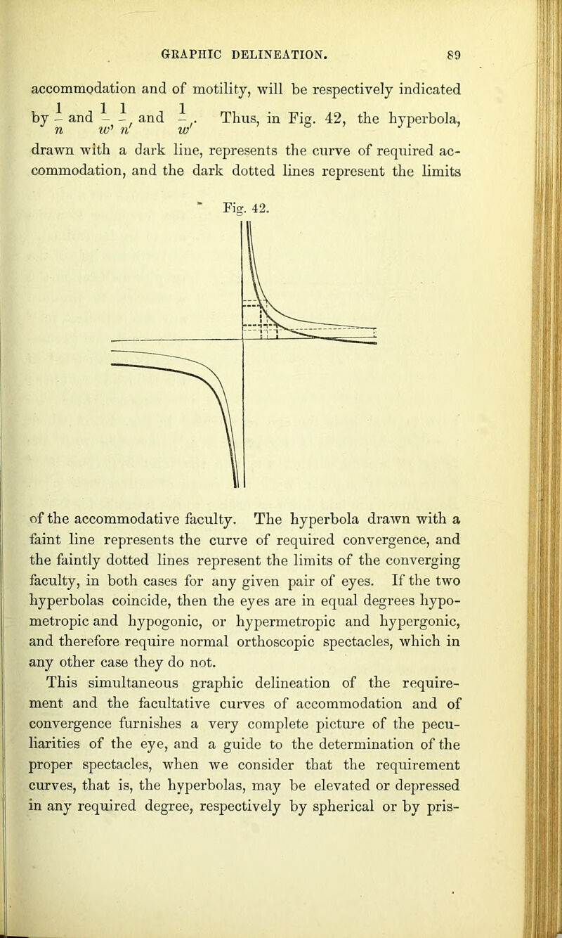 accommodation and of motility, will be respectively indicated by i and - - and i . Thus, in Fie. 42, the hyperbola, •’ n w' ii' w' b > jp ) drawn with a dark line, represents the curve of required ac- commodation, and the dark dotted lines represent the limits Fig. 42. of the accommodative faculty. The hyperbola drawn with a faint line represents the curve of required convergence, and the faintly dotted lines represent the limits of the converging faculty, in both cases for any given pair of eyes. If the two hyperbolas coincide, then the eyes are in equal degrees hypo- metropic and hypogonic, or hypermetropic and hypergonic, and therefore require normal orthoscopic spectacles, which in any other case they do not. This simultaneous graphic delineation of the require- ment and the facultative curves of accommodation and of convergence furnishes a very complete picture of the pecu- liarities of the eye, and a guide to the determination of the proper spectacles, when we consider that the requirement curves, that is, the hyperbolas, may be elevated or depressed in any required degree, respectively by spherical or by pris-