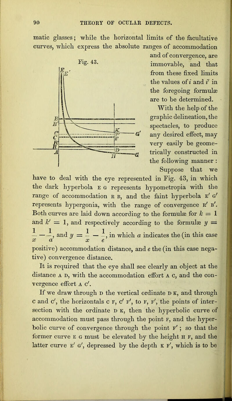 Fig. 43. matic glasses; while the horizontal limits of the facultative curves, which express the absolute ranges of accommodation and of convergence, are immovable, and that from these fixed limits the values of i and i' in the foregoing formula are to be determined. With the help of the graphic delineation, the spectacles, to produce any desired effect, may very easily be geome- trically constructed in the following manner : Suppose that we have to deal with the eye represented in Fig. 43, in which the dark hyperbola e g represents hypometropia with the range of accommodation r b, and the faint hyperbola e' g' represents hypergonia, with the range of convergence r' b'. Both curves are laid down according to the formulae for ^ = 1 and k' = 1, and respectively according to the formulae y — — — —, and w , in which a indicates the (in this case X a X e positive) accommodation distance, and e the (in this case nega- tive) convergence distance. It is required that the eye shall see clearly an object at the distance a d, with the accommodation effort a c, and the con- vergence effort A c'. If we draw through D the vertical ordinate D k, and through C and c', the horizontals c F, d f', to f, f', the points of inter- section with the ordinate D k, then the hyperbolic curve of accommodation must pass through the point f, and the hyper- bolic curve of convergence through the point f' ; so that the former curve e g must be elevated by the height h f, and the latter curve e' g', depressed by the depth k f', which is to be