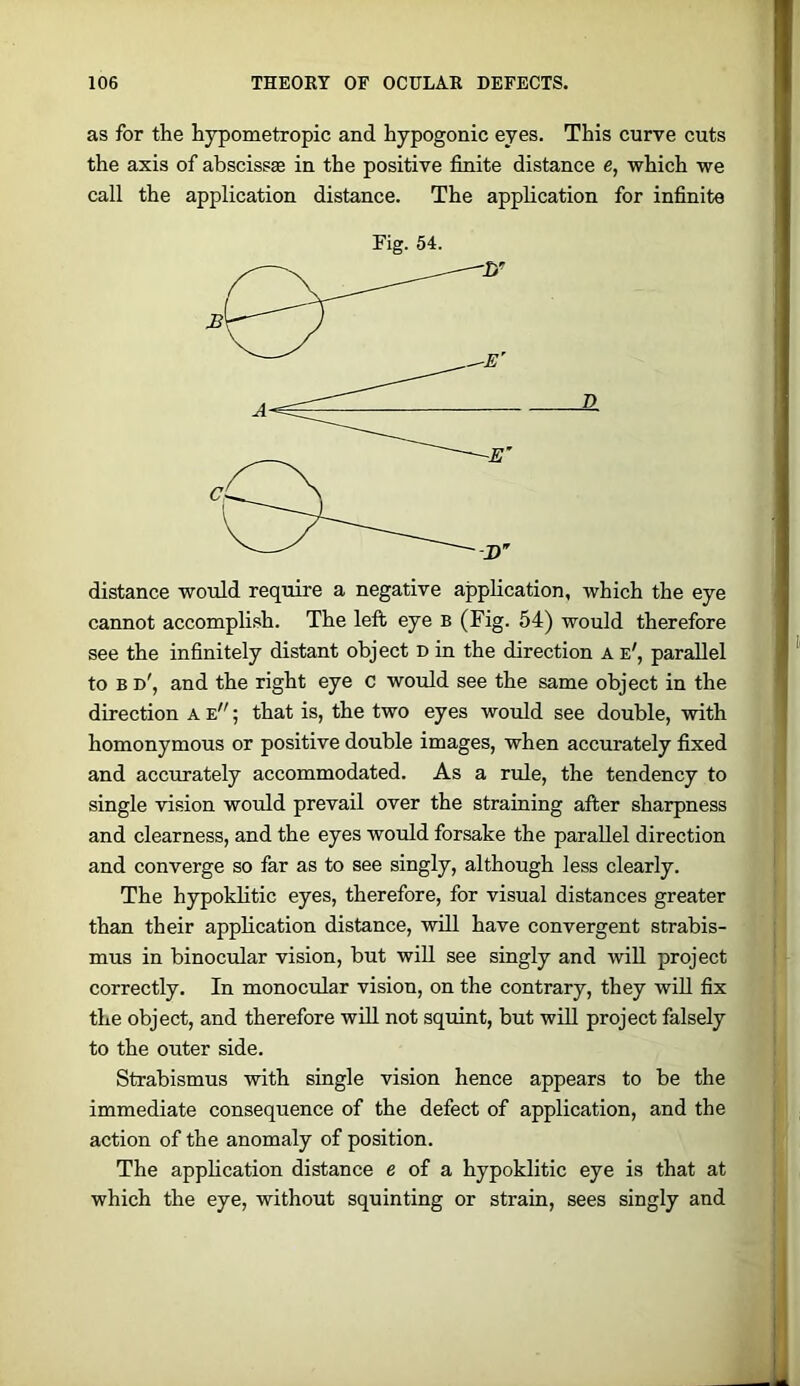 as for the hypometropic and hypogonic eyes. This curve cuts the axis of abscissae in the positive finite distance e, which we call the application distance. The application for infinite Fig. 54. distance would require a negative application, which the eye cannot accomplish. The left eye b (Fig. 54) would therefore see the infinitely distant object n in the direction a e', parallel to B d', and the right eye c would see the same object in the direction ae; that is, the two eyes would see double, with homonymous or positive double images, when accurately fixed and accurately accommodated. As a rule, the tendency to single vision would prevail over the straining after sharpness and clearness, and the eyes would forsake the parallel direction and converge so far as to see singly, although less clearly. The hypoklitic eyes, therefore, for visual distances greater than their application distance, will have convergent strabis- mus in binocular vision, but will see singly and will project correctly. In monocular vision, on the contrary, they will fix the object, and therefore wiU not sqtdnt, but will project falsely to the outer side. Strabismus with single vision hence appears to be the immediate consequence of the defect of application, and the action of the anomaly of position. The application distance e of a hypoklitic eye is that at which the eye, without squinting or strain, sees singly and