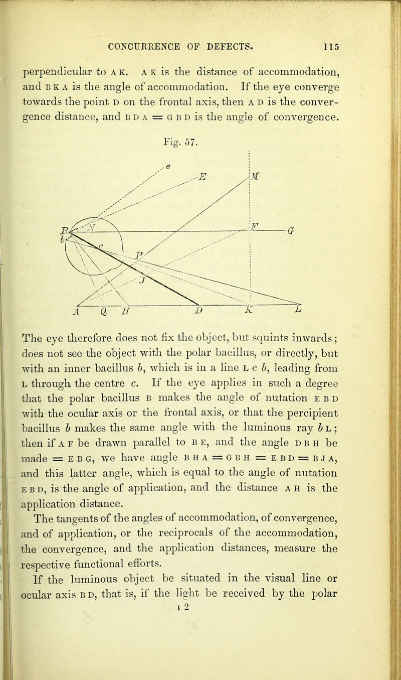 perpendicular to a k. a k is the distance of accommodation, and B K A is the angle of accommodation. If the eye converge towards the point d on the frontal axis, then A D is the conver- gence distance, and bd a = g bd is the angle of convergence. Fig. 57. The eye therefore does not fix the object, but squints inwards; does not see the object with the polar bacillus, or directly, but with an inner bacillus h, which is in a line L c i, leading from L through the centre c. If the eye applies in such a degree that the polar bacillus B makes the angle of nutation E B d with the ocular axis or the frontal axis, or that the percipient bacillus h makes the same angle with the luminous ray b L; then if A F be drawn parallel to be, and the angle dbh be made = e b G, we have angle bha = gbh = ebd = bja, and this latter angle, which is equal to the angle of nutation E B D, is the angle of application, and the distance a h is the application distance. The tangents of the angles of accommodation, of convergence, and of application, or the reciprocals of the accommodation, the convergence, and the application distances, measure the respective functional efforts. If the luminous object be situated in the visual line or ocular axis b d, that is, if the light be received by the polar I 2