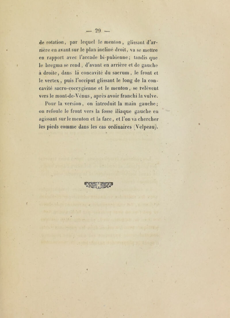 de rolation, par lequel le raeulon , ‘•lissant d’ar- rière en avant sur le plan incliné droit, va se mettre en rapport avec l’arcade bi-pubienne; tandis que le bregma se rend, d’avant en arrière et de gauche à droite, dans là concavité du sacrum , le front et le vertex, puis l’occiput glissant le long de la con- cavité sacro-coccygienne et le menton, se relèvent vers le mont-dc-Vénus, après avoir franchi la vulve. Pour la version, on introduit la main gauche; on refoule le front vers la fosse iliaque gauche en agissant sur le menton et la face, et l’on va chercher les pieds comme dans les cas ordinaires Velpeau}.
