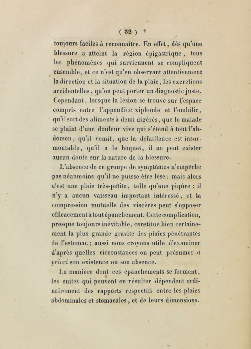 toujours faciles à reconnaître. En effet, dès qu’uho blessure a atteint la région épigastrique, tous les phénomènes qui surviennent se compliquent ensemble, et ce n’est qu’en observant attentivement la direction et la situation de la plaie, les excrétions accidentelles, qu’on peut porter un diagnostic juste. Cependant, lorsque la lésion se trouve sur Vespace compris entre l’appendice xiplioïde et l’ombilic, qu’il sort des aliments à demi digérés, que le malade se plaint d’une douleur vive qui s’étend à tout l’ab- domen, qu’il vomit, que la défaillance est insur- montable, qu’il a le hoquet, il ne peut exister aucun doute sur la nature de la blessure. L’absence de ce groupe de symptômes n’empêche pas néanmoins qu’il ne puisse être lésé; mais alors c’est une plaie très-petite, telle qu’une piqûre : il n’y a aucun vaisseau important intéressé, et la compression mutuelle des viscères peut s’opposer efficacement à tout épanchement. Cette complication, presque toujours inévitable, constitue bien certaine- ment la plus grande gravité des plaies pénétrantes de l’estomac ; aussi nous croyons utile d’examiner d’après quelles circonstances on peut présumer à priori son existence ou son absence. La manière dont ces épanchements se forment, les suites qui peuvent en résulter dépendent ordi- nairement des rapports respectifs entre les plaies abdominales et stomacales , et de leurs dimensions.