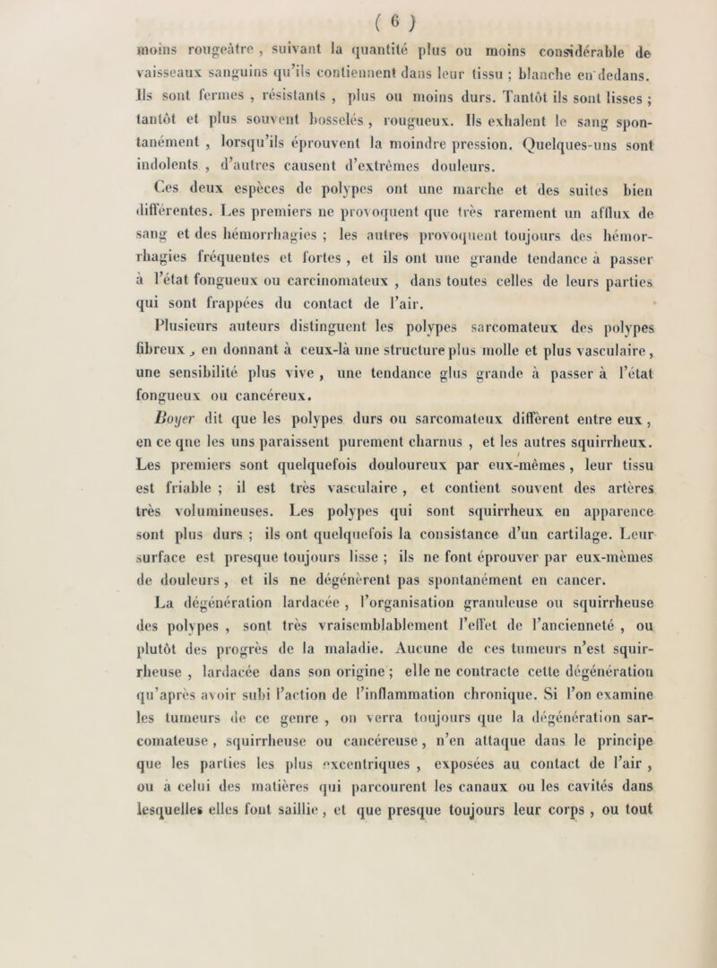 moms rougeâtre , suivant la quantité plus ou moins considérable de vaisseaux sanguins qu’ils contiennent dans leur tissu ; blanche en dedans. Ils sont fermes , résistants , plus ou moins durs. Tantôt ils sont lisses ; tantôt et plus souvent })osselés , rougueux. Ils exhalent le sang spon- tanément , lorsqu’ils éprouvent la moindre pression. Quelques-uns sont indolents , d’autres causent d’extrêmes douleurs. Ces deux espèces de polypes ont une marche et des suites bien différentes. Les premiers ne proAoquent que très rarement un afllux de sang et des hémorrhagies ; les autres provo(juent toujours des hémor- rhagies fréquentes et fortes , et ils ont une grande tendance à passer à l’état fongueux ou carcinomateux , dans toutes celles de leurs parties qui sont frappées du contact de l’air. Plusieurs auteurs distinguent les polypes sarcomateux des polypes fibreux ^ en donnant à ceux-là une structure plus molle et plus vasculaire , une sensibilité plus vive , une tendance glus grande à passer à l’état fongueux ou cancéreux. Boyer dit que les polypes durs ou sarcomateux diffèrent entre eux, en ce que les uns paraissent purement charnus , et les autres squirrheux. I Les premiers sont quelquefois douloureux par eux-mêmes , leur tissu est friable ; il est très vasculaire , et contient souvent des artères très volumineuses. Les polypes qui sont squirrheux eu apparence sont plus durs ; ils ont quelquefois la consistance d’un cartilage. Leur surface est presque toujours lisse ; ils ne font éprouver par eux-mèmes de douleurs , et ils ne dégénèrent pas spontanément en cancer. La dégénération lardacée , l’organisation granuleuse ou squirrheuse des polypes , sont très vraisemblablement l’effet de l’ancienneté , ou plutôt des progrès de la maladie. Aucune de ces tumeurs n’est squir- rheuse , lardacée dans son origine ; elle ne contracte cette dégénération qu’après avoir subi l’action de l’inflammation chronique. Si l’on examine les tumeurs de ce genre , on verra toujours que la dégénération sar- comateuse , squirrheuse ou cancéreuse, n’en attaque dans le principe que les parties les plus excentriques , exposées au contact de l’air , ou à celui des matières qui parcourent les canaux ou les cavités dans lesquelles elles font saillie, et que presque toujours leur corps , ou tout