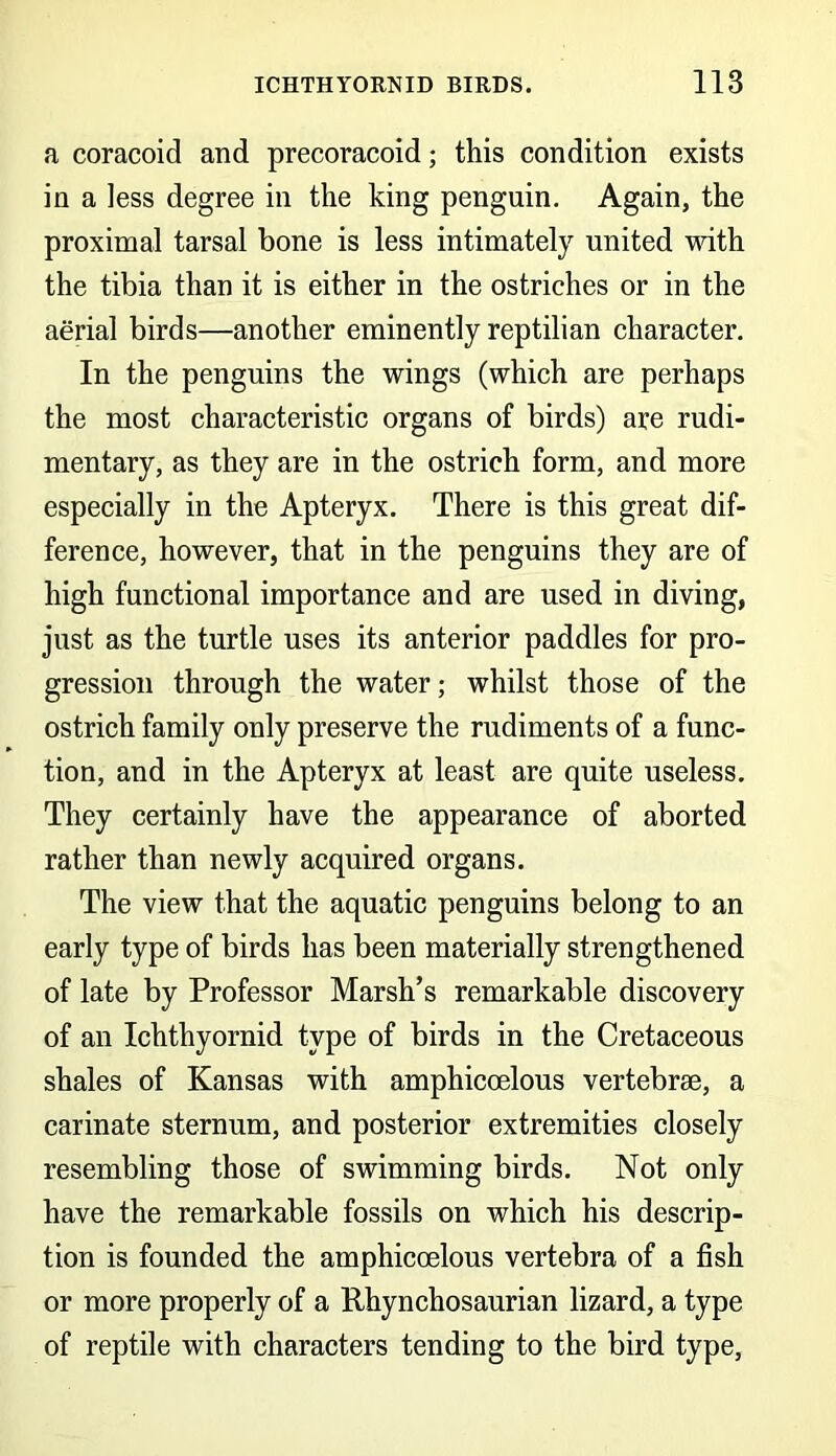 a coracoid and precoracoid; this condition exists in a less degree in the king penguin. Again, the proximal tarsal bone is less intimately united with the tibia than it is either in the ostriches or in the aerial birds—another eminently reptilian character. In the penguins the wings (which are perhaps the most characteristic organs of birds) are rudi- mentary, as they are in the ostrich form, and more especially in the Apteryx. There is this great dif- ference, however, that in the penguins they are of high functional importance and are used in diving, just as the turtle uses its anterior paddles for pro- gression through the water; whilst those of the ostrich family only preserve the rudiments of a func- tion, and in the Apteryx at least are quite useless. They certainly have the appearance of aborted rather than newly acquired organs. The view that the aquatic penguins belong to an early type of birds has been materially strengthened of late by Professor Marsh’s remarkable discovery of an Ichthyornid type of birds in the Cretaceous shales of Kansas with amphiccelous vertebrae, a carinate sternum, and posterior extremities closely resembling those of swimming birds. Not only have the remarkable fossils on which his descrip- tion is founded the amphiccelous vertebra of a fish or more properly of a Rhynchosaurian lizard, a type of reptile with characters tending to the bird type,