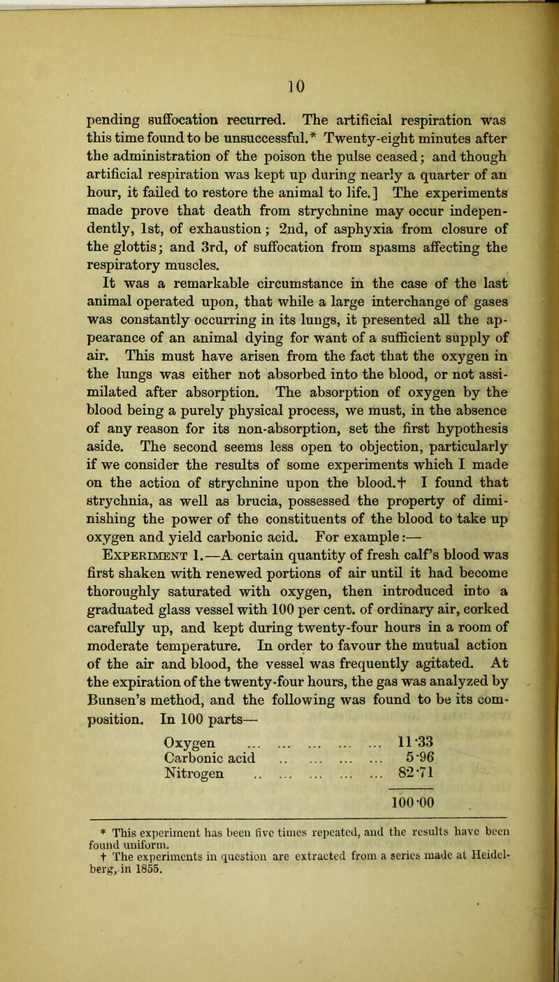 pending suffocation recurred. The artificial respiration was this time found to be unsuccessful.* Twenty-eight minutes after the administration of the poison the pulse ceased; and though artificial respiration was kept up during nearly a quarter of an hour, it failed to restore the animal to life.] The experiments made prove that death from strychnine may occur indepen- dently, 1st, of exhaustion; 2nd, of asphyxia from closure of the glottis; and 3rd, of suffocation from spasms affecting the respiratory muscles. It was a remarkable circumstance in the case of the last animal operated upon, that while a large interchange of gases was constantly occurring in its lungs, it presented all the ap- pearance of an animal dying for want of a sufficient supply of air. This must have arisen from the fact that the oxygen in the lungs was either not absorbed into the blood, or not assi- milated after absorption. The absorption of oxygen by the blood being a purely physical process, we must, in the absence of any reason for its non-absorption, set the first hypothesis aside. The second seems less open to objection, particularly if we consider the results of some experiments which I made on the action of strychnine upon the blood. + I found that strychnia, as well as brucia, possessed the property of dimi- nishing the power of the constituents of the blood to take up oxygen and yield carbonic acid. For example:— Experiment 1.-—A certain quantity of fresh calf’s blood was first shaken with renewed portions of air until it had become thoroughly saturated with oxygen, then introduced into a graduated glass vessel with 100 per cent, of ordinary air, corked carefully up, and kept during twenty-four hours in a room of moderate temperature. In order to favour the mutual action of the air and blood, the vessel was frequently agitated. At the expiration of the twenty-four hours, the gas was analyzed by Bunsen’s method, and the following was found to be its com- position. In 100 parts— Oxygen 11 ’33 Carbonic acid 5 ‘96 Nitrogen 82'71 100-00 * This experiment has been live times repeated, and the results have been found uniform. t The experiments in question are extracted from a series made at Heidel- berg, in 1855.