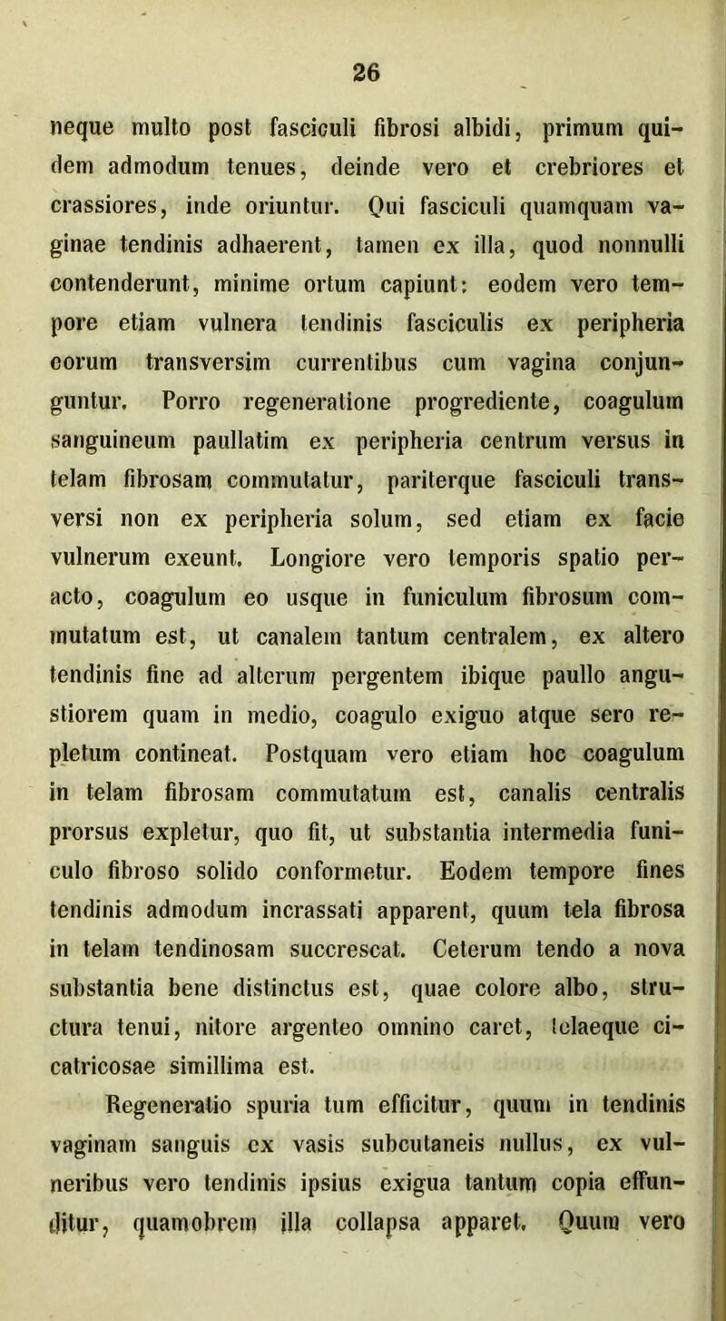 neque multo post fasciculi fibrosi albidi, primum qui- dem admodum tenues, deinde vero et crebriores et crassiores, inde oriuntur. Qui fasciculi quamquam va- ginae tendinis adhaerent, tamen ex illa, quod nonnulli contenderunt, minime ortum capiunt: eodem vero tem- pore etiam vulnera tendinis fasciculis ex peripheria eorum transversim currentibus cum vagina conjun- guntur. Porro regeneratione progrediente, coagulum sanguineum paullatim ex peripheria centrum versus in telam fibrosam commutatur, pariterque fasciculi trans- versi non ex peripheria solum, sed etiam ex facie vulnerum exeunt. Longiore vero temporis spatio per- acto, coagulum eo usque in funiculum fibrosum com- mutatum est, ut canalem tantum centralem, ex altero tendinis fine ad alterum pergentem ibique paullo angu- stiorem quam in medio, coagulo exiguo atque sero re- pletum contineat. Postquam vero etiam hoc coagulum in telam fibrosam commutatum est, canalis centralis prorsus expletur, quo fit, ut substantia intermedia funi- culo fibroso solido conformetur. Eodem tempore fines tendinis admodum incrassati apparent, quum tela fibrosa in telam tendinosam succrescat. Ceterum tendo a nova substantia bene distinctus est, quae colore albo, stru- ctura tenui, nitore argenteo omnino caret, telaeque ci- catricosae simillima est. Regeneratio spuria tum efficitur, quum in tendinis vaginam sanguis ex vasis subcutaneis nullus, ex vul- neribus vero tendinis ipsius exigua tantum copia effun- ditur, quamobrem illa collapsa apparet. Quum vero