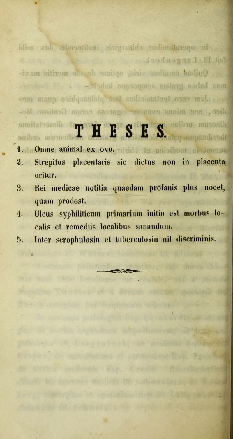 THESES. 1. Omne animal ex ovo. 2. Strepitus placentaris sic dictus non in placenta oritur. 3. Rei medicae notitia quaedam profanis plus nocet, quam prodest. 4. Ulcus syphiliticum primarium initio est morbus lo- calis et remediis localibus sanandum.