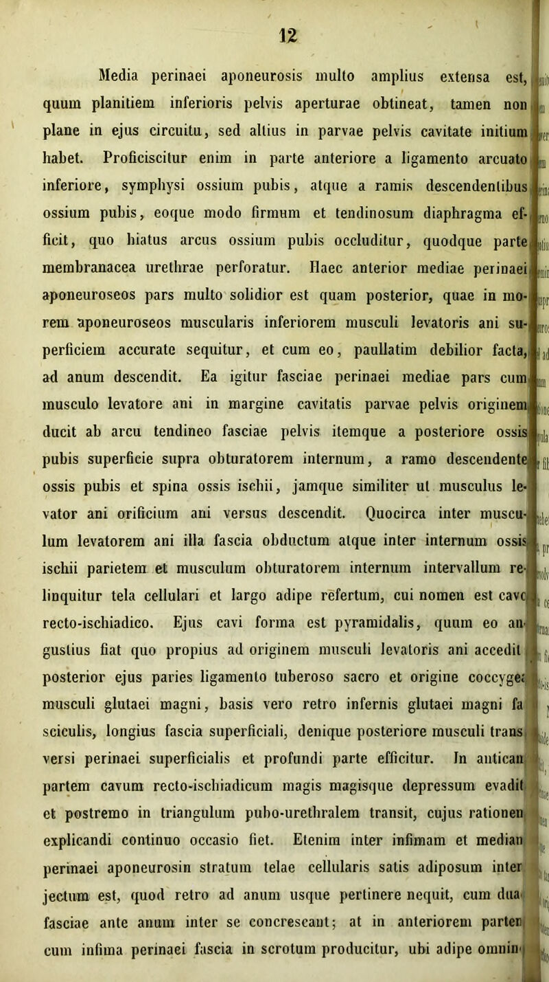 :nii »!l ■ npr Media perinaei aponeurosis multo amplius extensa est quum planitiem inferioris pelvis aperturae obtineat, tamen non plane in ejus circuitu, sed aliius in parvae pelvis cavitate initium habet. Proficiscitur enim in parte anteriore a ligamento arcuato inferiore, symphysi ossium pubis, atque a ramis descendentibus ossium pubis, eoque modo firmum et tendinosum diaphragma ef- ficit, quo hiatus arcus ossium pubis occluditur, quodque parte membranacea urethrae perforatur. Ilaec anterior mediae perinaei aponeuroseos pars multo solidior est quam posterior, quae in ino- rem aponeuroseos muscularis inferiorem musculi levatoris ani su- perficiem accurate sequitur, et cum eo, paullatim debilior facta, ad anum descendit. Ea igitur fasciae perinaei mediae pars cum musculo levatore ani in margine cavitatis parvae pelvis originem, ducit ab arcu tendineo fasciae pelvis itemque a posteriore ossis pubis superficie supra obturatorem internum, a ramo descendente< ossis pubis et spina ossis ischii, jamque similiter ut musculus le- vator ani orificium ani versus descendit. Quocirca inter muscu- lum levatorem ani illa fascia obductum atque inter internum ossis ischii parietem et musculum obturatorem internum intervallum re- linquitur tela cellulari et largo adipe refertum, cui nomen est cavc recto-ischiadico. Ejus cavi forma est pyramidalis, quum eo an- gustius fiat quo propius ad originem musculi levatoris ani accedit posterior ejus paries ligamento tuberoso sacro et origine coccyge; iii si w 10! id Ul lonc V musculi glutaei magni, basis vero retro infernis glutaei magni fa ‘ sciculis, longius fascia superficiali, denique posteriore musculi trans versi perinaei superficialis et profundi parte efficitur. In antican partem cavum recto-ischiadicum magis magisque depressum evadit et postremo in triangulum pubo-urethralem transit, cujus rationen explicandi continuo occasio fiet. Etenim inter infimam et median perinaei aponeurosin stratum telae cellularis satis adiposum inter jectum est, quod retro ad anum usque pertinere nequit, cum dua fasciae ante anum inter se concrescant; at in anteriorem parten cum infima perinaei fascia in scrotum producitur, ubi adipe omnin