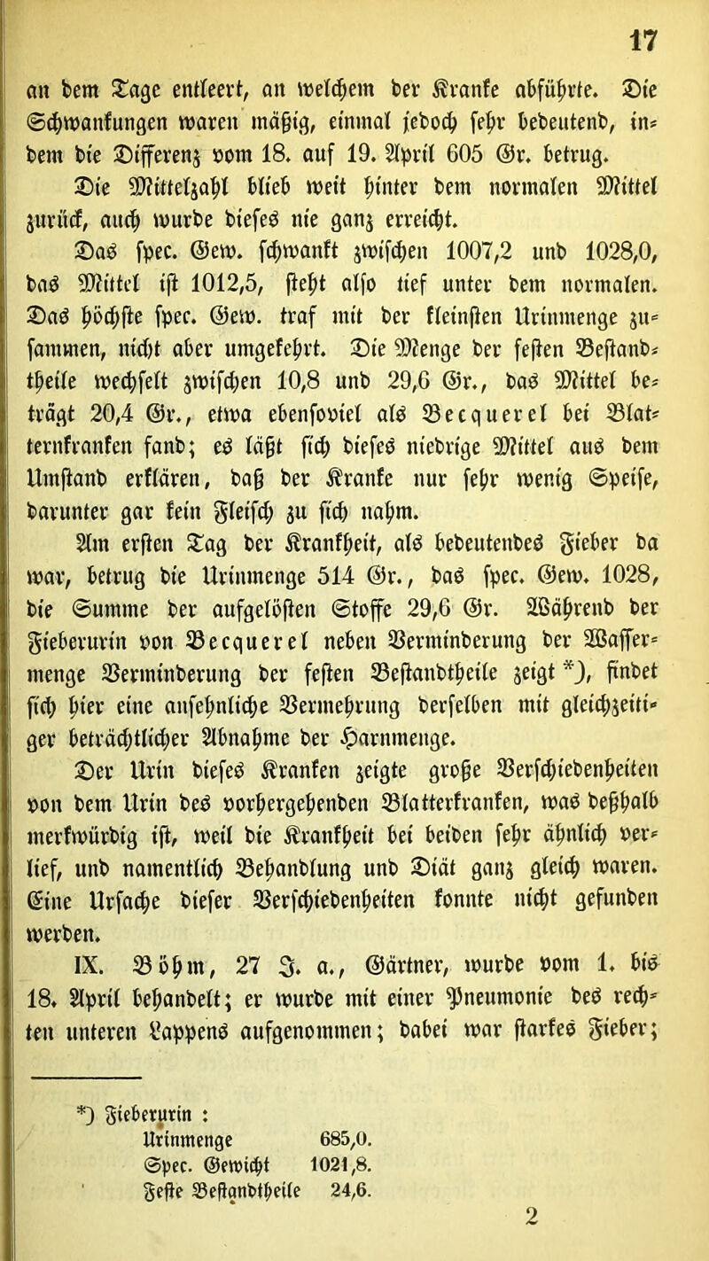 an bem Sage entleert, an welkem ber ^ranfe abfübrte. Sie ©chwanfungen waren mäfjtg, einmal jt'ebod) febr bebeutenb, in* bem bte Sifferen$ porn 18. auf 19. Slpril 605 @r. betrug. Sie SWitteljabl blieb weit hinter bem normalen Mittel juriicf, auch würbe btefed nie ganj erreicht. Sad fpec. @ew. f^wanft jwifdjen 1007,2 unb 1028,0, bad Mittel tjl 1012,5, ftebt alfo tief unter bem normalen. Sad f)öc^fte fpec. @ew. traf mit ber fleinfien Urinmenge ju» fantmen, nidjt aber umgefebrt. Sie 9J?enge ber feften SBejlanb* tfieile wecbfelt jwifeben 10,8 unb 29,6 @r., bad Mittel be* trägt 20,4 @r., etwa ebenfopiel ald SBeequerel bei 23lat* ternfranfen fanb; ed lä§t fid; biefed niebrt'ge Mittel aud bem Urnfknb erflären, baß ber Äranfe nur febr wenig ©petfe, barunter gar fein glet'fd; $u ftch nahm. 2(m erften Sag ber $ranff>eit, ald bebeutenbed gieber ba war, betrug bte Urinmenge 514 ©r., bad fpec. @ew. 1028, bte Summe ber aufgelöjiett (Stoffe 29,6 @r. 2ßäf>renb ber gieberuvin pon ^Becquerel neben 33ernttnberung ber 2Baffer= menge 33erminberung ber feften 23eftaubtbeile geigt *), ftnbet fid; f)ter eine aitfebnlicbe SSerme^rung berfelben mit gleid;$ettt«> ger beträchtlicher Slbnapme ber #arnmenge. Ser Urin btefeö ^ranfen getgte große 33erfd;iebenfieiten pon bem Urin bed porbergebenben 33latterfranfen, wad beßb<db merfwürbtg tft, weil bte ^ranfbeit bei beiben febr ähnlich Per* lief, unb namentlich 23ebanblung unb Stät gattj gleich waren, ©ine Urfadje biefer S3erfchiebenbeiten fonnte nicht gefunben werben. IX. 23 ob nt, 27 3. a., ©ärtner, würbe Pom 1. btd 18. Slprtl bebanbelt; er würbe mit einer Pneumonie bed rech* ten unteren kappend aufgenommen; babei war ftarfed gteber; *) gtebevtmn : Urtnmenge 685,0. ©pcc. ©ennebt 1021,8. gefte 33ef}gnt>tlmte 24,6. 2