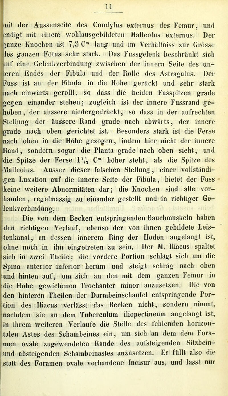 nit der Aussenseite des Condylus externus des Femur, und mdigt mit einem wohlausgebildeten Malleolus exfernus. Der ?anze Knochen ist 7,3 O lang und im Verhältnis zur Grosse les ganzen Fötus sehr stark. Das Fussgelenk beschränkt sich juf eine Gelenkverbindung zwischen der innern Seite des un- eren Endes der Fibula und der Rolle des Astragalus. Der ?uss ist an der Fibula in die Höhe gerückt und sehr stark nach einwärts gerollt, so dass die beiden Fusspitzen grade o-egen einander stehen; zugleich ist der innere Fussrand ge- loben, der äussere niedergedrückt, so dass in der aufrechten Stellung der äussere Rand grade nach abwärts, der innere grade nach oben gerichtet ist. Besonders stark ist die Ferse nach oben in die Höhe gezogen, indem hier nicht der innere Rand, sondern sogar die Planta grade nach oben sieht, und die Spitze der Ferse l*/2 Cm- höher steht, als die Spitze des Malleoius. Ausser dieser falschen Stellung, einer vollständi- gen Luxation auf die innere Seite der Fibula, bietet der Fuss keine weitere Abnormitäten dar; die Knochen sind alle vor- handen, regelmässig zu einander gestellt und in richtiger Ge- lenkverbindung. Die von dem Becken entspringenden Bauchmuskeln haben den richtigen Verlauf, ebenso der von ihnen gebildete Leis- tenkanal, an dessen innerem Ring der Hoden angelangt ist, ohne noch in ihn eingetreten zu sein. Der M. Iliacus spaltet sich in zwei Theile; die vordere Portion schlägt sich um die Spina anterior inferior herum und steigt schräg nach oben und hinten auf, um sich an den mit dem ganzen Femur in die Höhe gewichenen Trochanter minor anzusetzen. Die von den hinteren Theilen der Darmbeinschaufel entspringende Por- tion des Iliacus verlässt das Becken nicht, sondern nimmt, nachdem sie an dem Tuberculum iliopectineum angelangt ist, 1 in ihrem weiteren Verlaufe die Stelle des fehlenden horizon- talen Astes des Schambeines ein, um sich an dem dem Fora- i men ovale zugewendeten Rande des aufsteigenden Sitzbein- und absteigenden Schambeinastes anzusetzen. Er füllt also die I statt des Foramen ovale vorhandene Incisur aus, und lässt nur