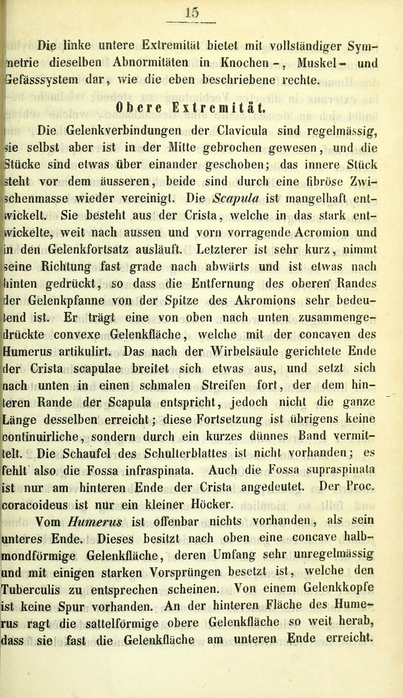 Die linke untere Extremität bietet mit vollständiger Sym- netrie dieselben Abnormitäten in Knochen -, Muskel - und Gefässsystem dar, wie die eben beschriebene rechte. Obere Extremität. Die Gelenkverbindungen der Clavicula sind regelmässig, sie selbst aber ist in der Mitte gebrochen gewesen, und die Stücke sind etwas über einander geschoben; das innere Stück steht vor dem äusseren, beide sind durch eine fibröse Zwi- schenmasse wieder vereinigt. Die Scapula ist mangelhaft ent- wickelt. Sie besteht aus der Crista, welche in das stark ent- wickelte, weit nach aussen und vorn vorragende Acromion und in den Gelenkfortsatz ausläuft. Letzterer ist sehr kurz, nimmt seine Richtung fast grade nach abwärts und ist etwas nach hinten gedrückt, so dass die Entfernung des oberen Randes [ler Gelenkpfanne von der Spitze des Akromions sehr bedeu- tend ist. Er trägt eine von oben nach unten zusammenge- drückte convexe Gelenkfläche, welche mit der concaven des Humerus artikulirt. Das nach der Wirbelsäule gerichtete Ende der Crista scapulae breitet sich etwas aus, und setzt sich nach unten in einen schmalen Streifen fort, der dem hin- teren Rande der Scapula entspricht, jedoch nicht die ganze Länge desselben erreicht; diese Fortsetzung ist übrigens keine continuirliche, sondern durch ein kurzes dünnes Band vermit- telt. Die Schaufel des Schulterblattes ist nicht vorhanden; es fehlt also die Fossa infraspinata. Auch die Fossa supraspinata ist nur am hinteren Ende der Crista angedeutet. Der Proc. coracoideus ist nur ein kleiner Höcker. Vom Humerus ist offenbar nichts vorhanden, als sein unteres Ende. Dieses besitzt nach oben eine concave halb- mondförmige Gelenkfläche, deren Umfang sehr unregelmässig und mit einigen starken Vorsprüngen besetzt ist, welche den Tuberculis zu entsprechen scheinen. Von einem Gelenkkopfe ist keine Spur vorhanden. An der hinteren Fläche des Hume- rus ragt die sattelförmige obere Gelenkfläche so weit herab, dass sie fast die Gelenkfläche am unteren Ende erreicht.