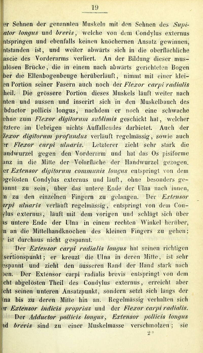 er Sehnen der genannten Muskeln mit den Sehnen des Supi- alor longus und brems, welche von dem Condylus externus ütspringen und ebenfalls keinen knöchernen Ansatz gewinnen, itstanden ist, und weiter abwärts sich in die oberflächliche ascie des Vorderarms verliert. An der Bildung dieser mus- lösen Brücke, die in einem nach abwärts gerichteten Bogen er die Ellenbogenbeuge herüberläuft, nimmt mit einer klei- en Portion seiner Fasern auch noch der Flexor carpi radialis heil. Die grössere Portion dieses Muskels läuft weiter nach aten und aussen und inserirt sich in den Muskelbauch des bductor pollicis longus, nachdem er noch eine schwache ebne zum Flexor digitorum sublimis geschickt hat, welcher tztere im Uebrigen nichts Auffallendes darbietet. Auch der 'lexor digitorum profundus verläuft regelmässig, sowie auch sr Flexor carpi ulnaris. Letzterer zieht sehr stark die andwurzel gegen den Vorderarm und hat das Os pisiforme anz in die Mitte der Volarfläche der Handwurzel gezogen, erjExtensor digitorum communis longus entspringt von dem ^gelösten Condylus externus und läuft, ohne besonders ge- kannt zu sein, über das untere Ende der Ulna nach innen, !i zu den einzelnen Fingern zu gelangen. Der Extensor rpi ulnaris verläuft regelmässig, entspringt von dem Con- jydus externus, läuft mit dem vorigen und schlägt sich über s untere Ende der Ulna in einem rechten Winkel herüber, an die Mittelhandknochen des kleinen Fingers zu gehen; ist durchaus nicht gespannt. Der Extensor carpi radialis longus hat seinen richtigen sertionspunkt; er kreuzt die Ulna in deren Mitte, ist sehr spannt und zieht den äusseren Rand der Hand stark nach >en. Der Extensor carpi radialis brevis entspringt von dem cht abgelösten Theil des Condylus externus, erreicht aber cht seinen unteren Ansatzpunkt, sondern setzt sich längs der na bis zu deren Mitte hin an. Regelmässig verhalten sich r Exlensor indicis proprius und der Flexor carpi radialis. Der Adductor pollicis longus, Extensor pollicis longus id brevis sind zu einer Muskelmasse verschmolzen; sie 2»