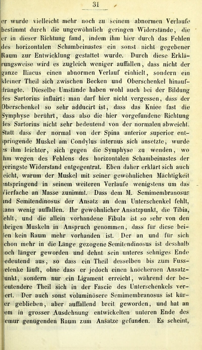 er wurde vielleicht mehr noch zu seinem abnormen Verlaufe bestimmt durch die ungewöhnlich geringen Widerstände, die er in dieser Richtung fand, indem ihm hier durch das Fehlen des horizontalen Schambeinastes ein sonst nicht gegebener Raum zur Entwicklung gestattet wurde. Durch diese Erklä- rungsweise wird es zugleich weniger auffallen, dass nicht der ganze Iliacus einen abnormen Verlauf einhielt, sondern ein kleiner Theil sich zwischen Becken und Oberschenkel hinauf- Irängte. Dieselbe Umstände haben wohl auch bei der Bildung ries Sartorius influirt: man darf hier nicht vergessen, dass der Oberschenkel so sehr adducirt ist, dass das Kniee fast die Symphyse berührt, dass also die hier Vorgefundene Richtung ies Sartorius nicht sehr bedeutend von der normalen abweicht. Statt dass der normal von der Spina anterior superior ent- springende Muskel am Condylus internus sich ansetzte, wurde iS ihm leichter, sich gegen die Symphyse zu wenden, wo hm wegen des Fehlens des horizontalen Schambeinastes der geringste Widerstand entgegentrat. Eben daher erklärt sich auch eicht, warum der Muskel mit seiner gewöhnlichen Mächtigkeit mtspringend in seinem weiteren Verlaufe wenigstens um das - fierfache an Masse zunimmt. Dass dem M. Semimembranosur ind Semitendinosus der Ansatz an dem Unterschenkel fehlt, lann wenig auffallen. Ihr gewöhnlicher Ansatzpunkt, die Tibia, fehlt, und die allein vorhandene Fibula ist so sehr von den tbrigen Muskeln in Anspruch genommen, dass für diese bei- en kein Raum mehr vorhanden ist. Der an und für sich jchon mehr in die Länge gezogene Semitendinosus ist desshalb och länger geworden und dehnt sein unteres sehniges Ende edeutend aus, so dass ein Theil desselben bis zum Fuss- elenke läuft, ohne dass er jedoch einen knöchernen Ansatz- punkt, sondern nur ein Ligament erreicht, während der be- eutendere Theil sich in der Fascie des Unterschenkels ver- erb Der auch sonst voluminösere Semiinembranosus ist kür— er geblieben, aber auffallend breit geworden, und hat an lern in grosser Ausdehnung entwickelten unteren Ende des emur genügenden Raum zum Ansätze gefunden. Es scheint,