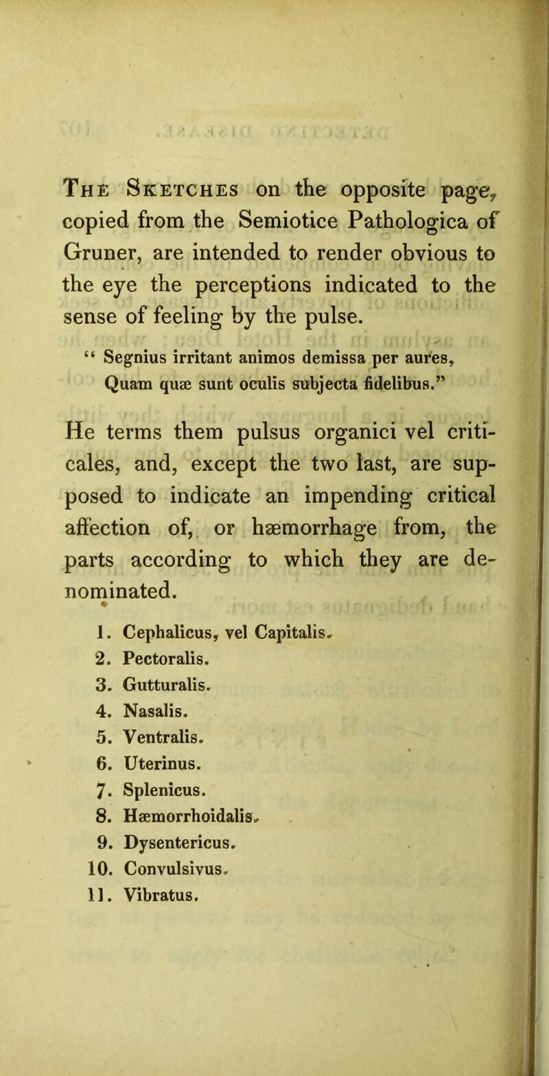 The Sketches on the opposite page, copied from the Semiotice Pathologica of Gruner, are intended to render obvious to the eye the perceptions indicated to the sense of feeling by the pulse. “ Segnius irritant animos demissa per aures, Quatn qu2C sunt oculis subjecta fidelibus.” He terms them pulsus organic! vel criti- cales, and, except the two last, are sup- posed to indicate an impending critical affection of, or haemorrhage from, the parts according to which they are de- nominated. 1. Cephalicus, vel Capitalis, 2. Pectoralis. 3. Gutturalis. 4. Nasalis. 5. Ventralis. 6. Uterinus. 7. Splenicus. 8. Heemorrhoidalis. 9. Dysentericus. 10. Convulsivus. 11. Vibratus.