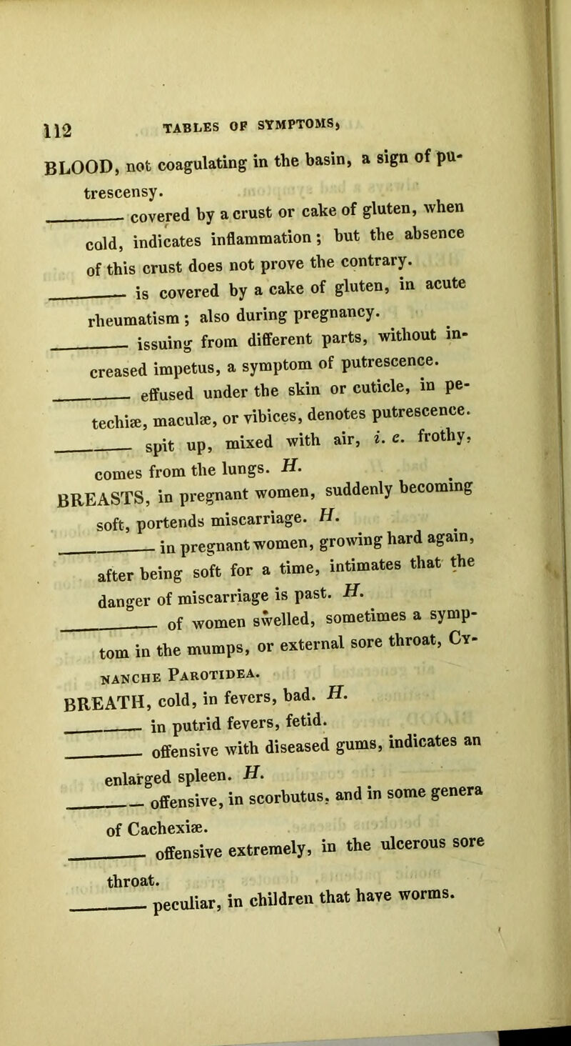 BLOOD, nob coagulating in the basin, a sign of pu- trescensy. covered by a crust or cake of gluten, when cold, indicates inflammation; but the absence of this crust does not prove the contrary. is covered by a cake of gluten, in acute rheumatism ; also during pregnancy. ^ issuing from different parts, without in- creased impetus, a symptom of putrescence. effused under the skin or cuticle, in pe- techia, maculjE, or vibices, denotes putrescence. spit up, mixed with air, i. e. frothy. comes from the lungs. H. breasts, in pregnant women, suddenly becoming soft, portends miscarriage. H. in pregnant women, growing hard again, after being soft for a time, intimates that the danger of miscarriage is past. H. of women swelled, sometimes a symp- tom in the mumps, or external sore throat, Cy- nanche Parotidea. breath, cold, in fevers, bad. H. in putrid fevers, fetid. offensive with diseased gums, indicates an enlarged spleen. H. offensive, in scorbutus, and in some genera of Cachexiae. offensive extremely, in the ulcerous sore throat. peculiar, in children that have worms.