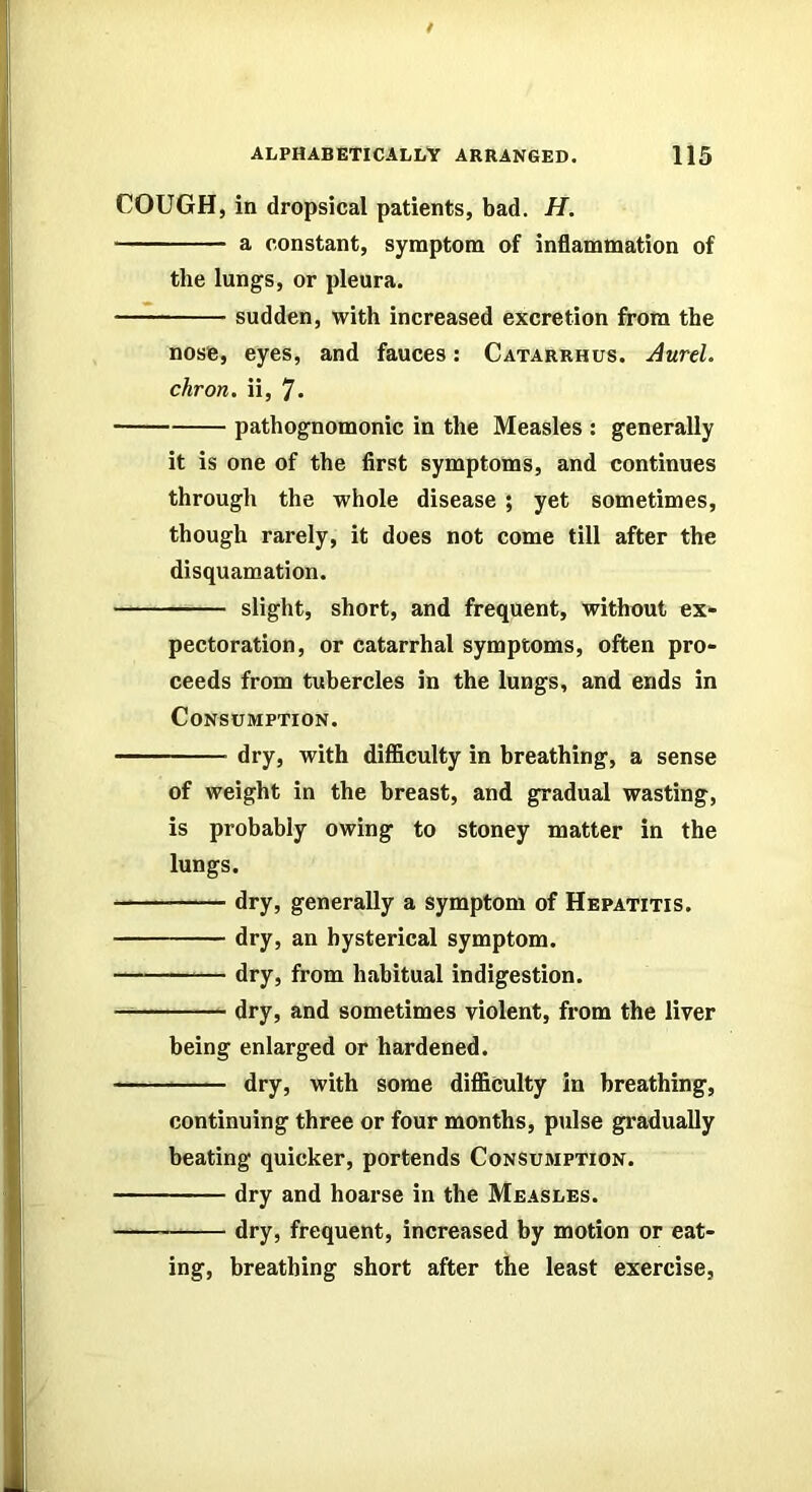 COUGH, in dropsical patients, bad. H. a constant, symptom of inflammation of the lungs, or pleura. sudden, with increased excretion from the nose, eyes, and fauces; Catarrhus. AureL chron. ii, 7. pathognomonic in the Measles : generally it is one of the first symptoms, and continues through the whole disease ; yet sometimes, though rarely, it does not come till after the disquamation. slight, short, and frequent, without ex* pectoration, or catarrhal symptoms, often pro- ceeds from tubercles in the lungs, and ends in Consumption. dry, with difficulty in breathing, a sense of weight in the breast, and gradual wasting, is probably owing to stoney matter in the lungs. dry, generally a symptom of Hepatitis. dry, an hysterical symptom. dry, from habitual indigestion. — dry, and sometimes violent, from the liver being enlarged or hardened. dry, with some difficulty in breathing, continuing three or four months, pulse gradually beating quicker, portends Consumption. dry and hoarse in the Measles. dry, frequent, increased by motion or eat- ing, breathing short after the least exercise.
