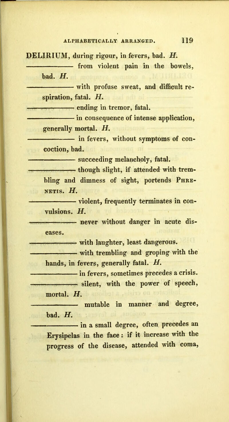 DELIRIUM, during rigour, in fevers, bad. H. from violent pain in the bowels, bad. H. with profuse sweat, and difficult re- spiration, fatal. H. ending in tremor, fatal. in consequence of intense application, generally mortal. H. in fevers, without symptoms of con- coction, bad. succeeding melancholy, fatal. though slight, if attended with trem- bling and dimness of sight, portends Phre- NETIS. H. violent, frequently terminates in con- vulsions. H. never without danger in acute dis- eases. with laughter, least dangerous. with trembling and groping with the hands, in fevers, generally fatal. H. in fevers, sometimes precedes a crisis. — silent, with the power of speech, mortal. H. mutable in manner and degree, bad. H. in a small degree, often precedes an Erysipelas in the face: if it increase with the progress of the disease, attended with coma.