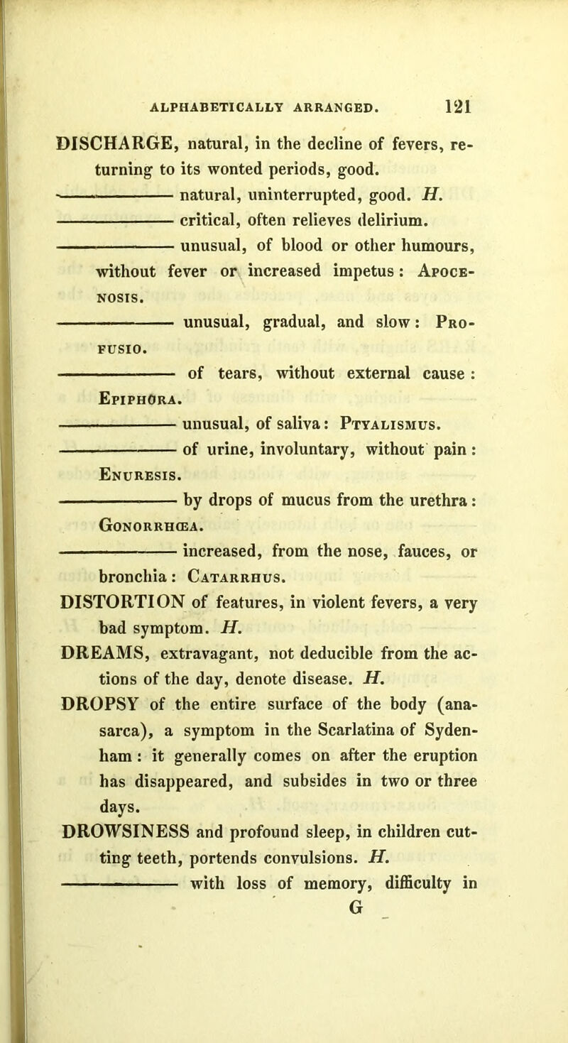 DISCHARGE, natural, in the decline of fevers, re- turning to its wonted periods, good. ■ natural, uninterrupted, good. H. critical, often relieves delirium. unusual, of blood or other humours, without fever or increased impetus: Apoce- NOSIS. unusual, gradual, and slow; Pro- FUSIO. of tears, without external cause : Epiphora. unusual, of saliva; Ptyalismus. of urine, involuntary, without pain : Enuresis. by drops of mucus from the urethra: Gonorrhoea. increased, from the nose, fauces, or bronchia: Catarrhus. DISTORTION of features, in violent fevers, a very bad symptom. H. DREAMS, extravagant, not deducible from the ac- tions of the day, denote disease. H, DROPSY of the entire surface of the body (ana- sarca), a symptom in the Scarlatina of Syden- ham : it generally comes on after the eruption has disappeared, and subsides in two or three days. DROWSINESS and profound sleep, in children cut- ting teeth, portends convulsions. H. with loss of memory, difficulty in G