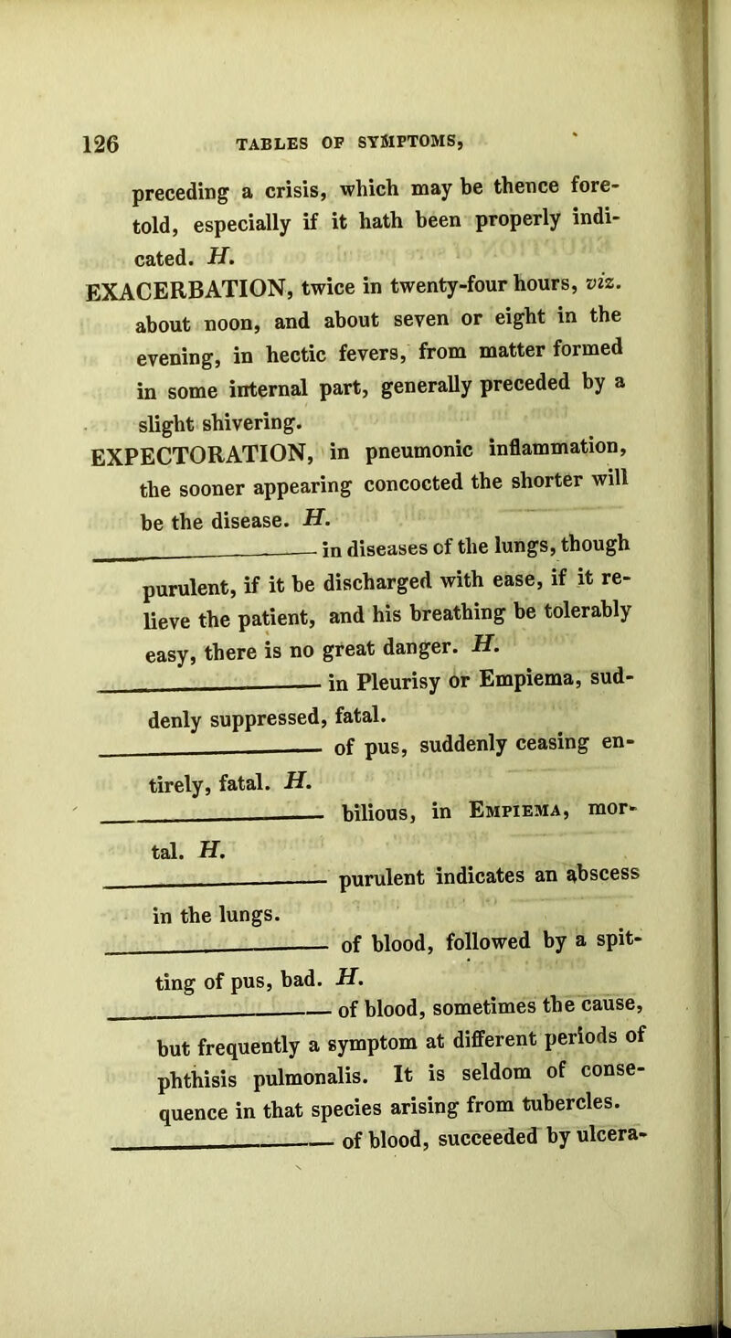 preceding a crisis, which may be thence fore- told, especially if it hath been properly indi- cated. if. EXACERBATION, twice in twenty-four hours, viz. about noon, and about seven or eight in the evening, in hectic fevers, from matter formed in some internal part, generally preceded by a slight shivering. EXPECTORATION, in pneumonic inflammation, the sooner appearing concocted the shorter will be the disease, if. in diseases of the lungs, though purulent, if it be discharged with ease, if it re- Ueve the patient, and his breathing be tolerably easy, there is no great danger, if. in Pleurisy or Empiema, sud- denly suppressed, fatal. of pus, suddenly ceasing en- tirely, fatal, if. bilious, in Empiema, mor- tal. if. purulent indicates an uhscess in the lungs. of blood, followed by a spit- ting of pus, bad. if. of blood, sometimes the cause, but frequently a symptom at different periods of phthisis pulmonalis. It is seldom of conse- quence in that species arising from tubercles. of blood, succeeded by ulcera-