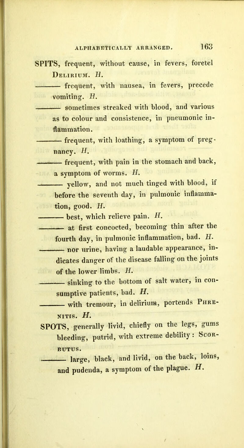 SPITS, frequent, without cause, in fevers, foretel Delirium. H. frequent, with nausea, in fevers, precede vomiting. H. sometimes streaked with blood, and various as to colour and consistence, in pneumonic in- flammation. frequent, with loathing, a symptom of preg* nancy. H. frequent, with pain in the stomach and back, a symptom of worms. H. yellow, and not much tinged with blood, if before the seventh day, in pulmonic inflamma- tion, good. H. best, which relieve pain. H. at flrst concocted, becoming thin after the fourth day, in pulmonic inflammation, bad. H. nor urine, having a laudable appearance, in- dicates danger of the disease falling on the joints of the lower limbs. H. ——— sinking to the bottom of salt water, in con- sumptive patients, bad. H. with tremour, in delirium, portends Phre- NITIS. H. SPOTS, generally livid, chiefly on the legs, gums bleeding, putrid, with extreme debility : Scor- butus. large, black, and livid, on the back, loins, and pudenda, a symptom of the plague. H.