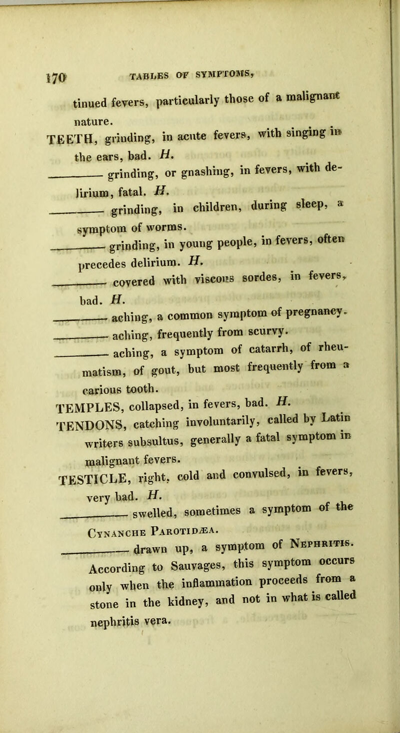 tinued fevers, particularly those of a mali^ant nature. TEETH, grinding, in acute fevers, with singing i» the ears, bad. H, grinding, or gnashing, in fevers, with de- lirium, fatal. H. grinding, in children, during sleep, a symptom of worms. grinding, in young people, in fevers, often precedes delirium. H. covered with viscous sordes, in fevers,, bad. H. aching, a common symptom of pregnancy. aching, frequently from scurvy. aching, a symptom of catarrh, of rheu- matism, of gout, but most frequently from a carious tooth. temples, collapsed, in fevers, bad. H. TENDONS, catching involuntarily, called by Latin writers subsultus, generally a fatal symptom m malignant fevers. TESTICLE, right, cold and convulsed, in fevers, very bad. H. - swelled, sometimes a symptom of the Cynanche Parotid^a. drawn up, a symptom of Nephritis. According to Sauvages, this symptom occurs only when the inBammation proceeds from a stone in the kidney, and not in what is caUed nephritis vera.