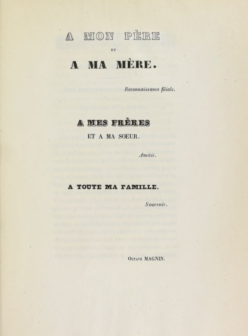 A MA MERE. Beconnaissame filiale. ET A MA SOEUR. Amitié. A TOUTE MA FAMILLE. Souvenir. Octave MAGININ.