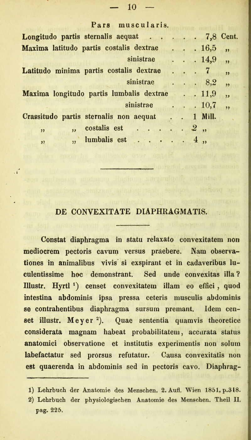 Pars muscularis* Longitudo partis sternalis aequat 7,8 Cent* Maxima latitudo partis costalis dextrae * * , 16,5 „ sinistrae * * . 14,9 „ Latitudo minima partis costalis dextrae . * * 7 „ sinistrae . . . 8,2 „ Maxima longitudo partis lumbalis dextrae . .11,9 „ sinistrae . . . 10,7 „ Crassitudo partis sternalis non aequat . . 1 Mill. „ „ costalis est ..... .2 „ ,, „ lumbalis est 4 „ DE CONVEXITATE DIAPHRAGMATIS. Constat diaphragma in statu relaxato convexitatem non mediocrem pectoris cavum versus praebere. Nam observa- tiones in animalibus vivis si exspirant et in cadaveribus lu- culentissime hoc demonstrant. Sed unde convexitas illa ? Illustr. Hyrtl ') censet convexitatem illam eo effici , quod intestina abdominis ipsa pressa ceteris musculis abdominis se contrahentibus diaphragma sursum premant. Idem cen- set illustr. Meyer ^). Quae sententia quamvis theoretice considerata magnam habeat probabilitatem, accurata status anatomici observatione et institutis experimentis non solum labefactatur sed prorsus refutatur. Causa convexitatis non est quaerenda in abdominis sed in pectoris cavo. Diaphrag- 1) Lehrbucli der Anatomie des Menschen. 2. Aufl. Wien 1851. p.318. 2) Lehrbuch der physiologischen Anatomie des Menscben. Theil II. pag. 22 5o