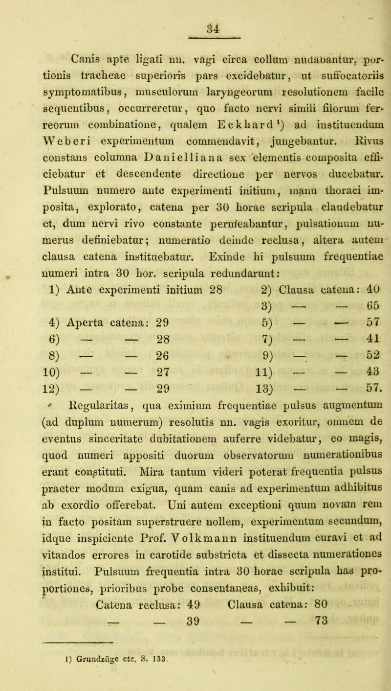 Canis apte ligati nn. vagi circa collum nudabantur, par- tionis tracheae superioris pars excidebatur, ut suftocatoriis symptomatibus, musculorum laryngeorum resolutionem facile sequentibus, occurreretur, quo facto nervi simili filorum fer- reorum combinatione, qualem Eckhard') ad instituendum Web eri experimentum commendavit, jungebantur. Rivus constans columna Danielliana sex 'elementis composita effi- ciebatur et descendente directione per nervos ducebatur. Pulsuum numero ante experimenti initium, manu thoraci im- posita, explorato, catena per 30 horae scripula claudebatur et, dum nervi rivo constante pernleabantur, pulsationum nu- merus definiebatur; numeratio deinde reclusa, altera autem clausa catena instituebatur. Exinde hi pulsuum frequentiae numeri intra 30 hor. scripula redundarunt; 1) Ante experimenti initium 28 2) Clausa catena; 40 3) — - 65 4) Aperta catena; 29 5) - — 57 6) - — 28 7) - - 41 8) - — 26 9) - - 52 10) - — 27 11) - - 43 12) - — 29 13) - - 57. * Regularitas, qua eximium frequentiae pulsus augmentum (ad duplum numerum) resolutis nn. vagis exoritur, omnem de eventus sinceritate dubitationem auferre videbatur, eo magis, quod numeri appositi duorum observatorum numerationibus erant constituti. Mira tantum videri poterat frequentia pulsus praeter modum exigua, quam canis ad experimentum adhibitus ab exordio offerebat. Uni autem exceptioni quum novam rem in facto positam superstruere nollem, experimentum secundum, idque inspiciente Prof. Volkmann instituendum curavi et ad vitandos errores in carotide substricta et dissecta numerationes institui. Pulsuum frequentia intra 30 horae scripula has pro- portiones, prioribus probe consentaneas, exhibuit; Catena reclusa; 49 Clausa catena; 80 _ __ 39 — — 73 1) Grundzilge ctc. S, 133.
