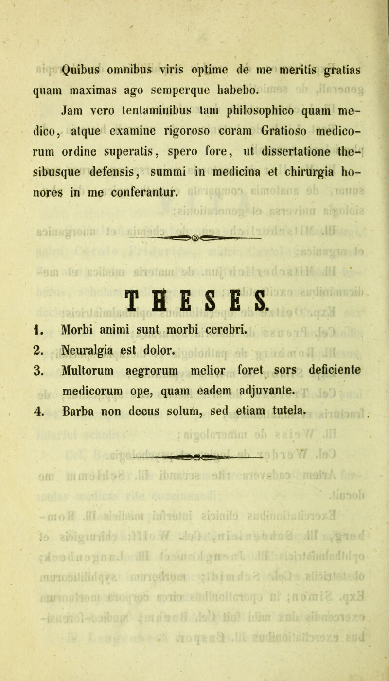 Quibus omnibus viris optime de me meritis gratias quam maximas ago semperque habebo. Jam vero tentaminibus tam philosophico quam me- dico, atque examine rigoroso coram Gratioso medico- rum ordine superatis, spero fore, ut dissertatione the- sibusque defensis, summi in medicina et chirurgia ho- nores in me conferantur. THESES. 1. Morbi animi sunt morbi cerebri. 2. Neuralgia est dolor. 3. Multorum aegrorum melior foret sors deficiente medicorum ope, quam eadem adjuvante.