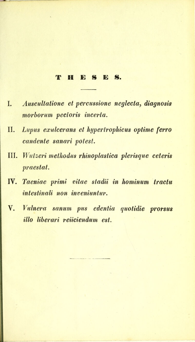 THESES. I. Auscultatione et percussione neglecta, diagnosis morborum pectoris incerta. II. Lupus exulcerans et hypertrophicus optime ferro candente sanari potest. III. Wutzeri methodus rhinoplastica plerisque ceteris praestat. IV. Taeniae primi vitae stadii in hominum tractu intestinali non inveniuntur. V. Vulnera sanum pus edentia quotidie prorsus illo liberari reiiciendum est.