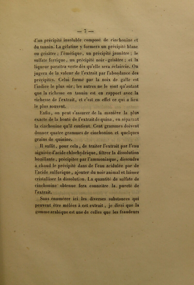 d’un précipité insoluble composé de cinchonine et du tannin. La gélatine y formera un précipité blanc ou grisâtre ; l’émétique, un précipité jaunâtre ; le sulfate ferrique, un précipité noir - grisâtre ; et la liqueur paraîtra verte dès qu’elle sera éclaircie. On jugera de la valeur de l’extrait par l’abondance des précipités. Celui formé par la noix de galle est l’indice le plus sûr; les autres ne le sont qu’autant que la richesse en tannin est en rapport avec la richesse de l’extrait, et c’est en effet ce qui a lieu le plus souvent. Enfin, on peut s’assurer de la manière la plus exacte de la bonté de l’extrait de quina, en séparant la cinchonine qu’il contient. Cent grammes doivent donner quatre grammes de cinchonine et quelques grains de quinine. Il suffit, pour cela, de traiter l’extrait par l’eau aiguisée d’acide chlorhydrique, filtrer la dissolution bouillante, précipiter par l’ammoniaque, dissoudre à chaud le précipité dans de l’eau acidulée par de l’acide sulfurique , ajouter du noir animal et laisser cristalliser la dissolution. La quantité de sulfate de cinchonine obtenue fera connaître la pureté de l’extrait. Sans énumérer ici les diverses substances qui peuvent être mêlées à cet extrait , je dirai que la gomme arabique est une de celles que les fraudeurs