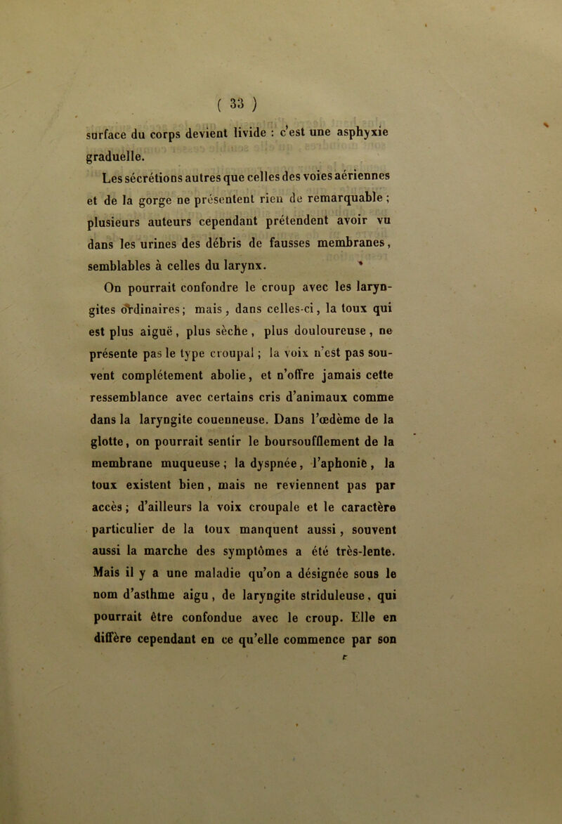 O' surface du corps devient livide : c’est une asphyxie graduelle. Les sécrétions autres que celles des voies aériennes et de la gorge ne présentent rien de remarquable ; plusieurs auteurs cependant prétendent avoir vu dans les urines des débris de fausses membranes, semblables à celles du larynx. * On pourrait confondre le croup avec les laryn- gites di*dinaires; mais, dans celles-ci, la toux qui est plus aiguë , plus sèche , plus douloureuse , ne présente pas le type croupal ; la voix n’est pas sou- vent complètement abolie, et n’offre jamais celte ressemblance avec certains cris d’animaux comme dans la laryngite couenneuse. Dans l’œdème de la glotte, on pourrait sentir le boursoufilement de la membrane muqueuse ; la dyspnée, l’aphonie , la toux existent bien, mais ne reviennent pas par accès ; d’ailleurs la voix croupale et le caractère particulier de la toux manquent aussi, souvent aussi la marche des symptômes a été très-lente. Mais il y a une maladie qu’on a désignée sous le nom d’asthme aigu, de laryngite striduleuse, qui pourrait être confondue avec le croup. Elle en diffère cependant en ce qu’elle commence par son f