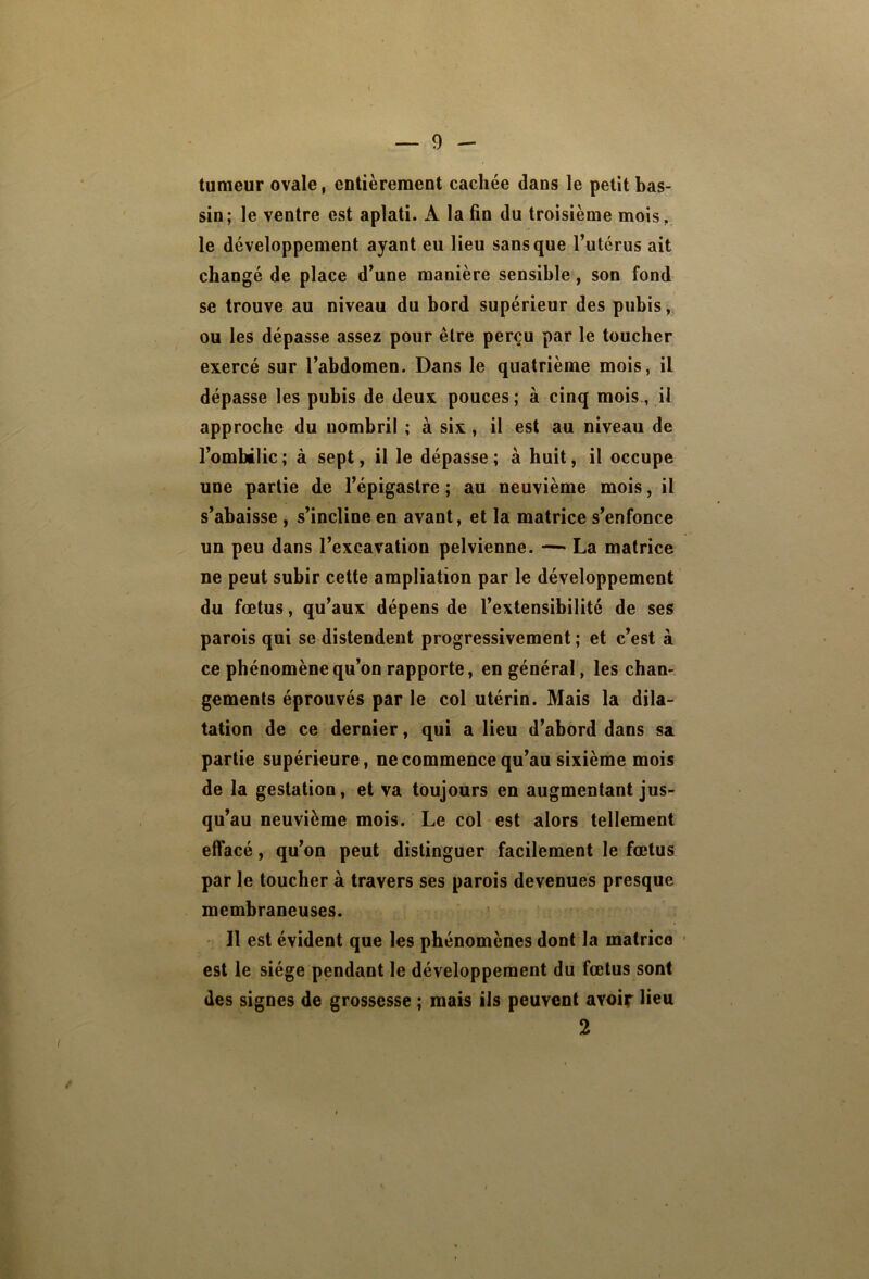 tumeur ovale, entièrement cachée dans le petit bas- sin; le ventre est aplati. A la fin du troisième mois, le développement ayant eu lieu sans que l’utérus ait changé de place d’une manière sensible, son fond se trouve au niveau du bord supérieur des pubis, ou les dépasse assez pour être perçu par le toucher exercé sur l’abdomen. Dans le quatrième mois, il dépasse les pubis de deux pouces ; à cinq mois., il approche du nombril ; à six, il est au niveau de l’ombtiic; à sept, il le dépasse; à huit, il occupe une partie de l’épigastre ; au neuvième mois, il s’abaisse , s’incline en avant, et la matrice s’enfonce un peu dans l’excavation pelvienne. — La matrice ne peut subir cette ampliation par le développement du fœtus, qu’aux dépens de l’extensibilité de ses parois qui se distendent progressivement ; et c’est à ce phénomène qu’on rapporte, en général, les chan- gements éprouvés par le col utérin. Mais la dila- tation de ce dernier, qui a lieu d’abord dans sa partie supérieure, ne commence qu’au sixième mois de la gestation, et va toujours en augmentant jus- qu’au neuvième mois. Le col est alors tellement effacé, qu’on peut distinguer facilement le fœtus par le toucher à travers ses parois devenues presque membraneuses. Il est évident que les phénomènes dont la matrice est le siège pendant le développement du fœtus sont des signes de grossesse ; mais ils peuvent avoir lieu 2