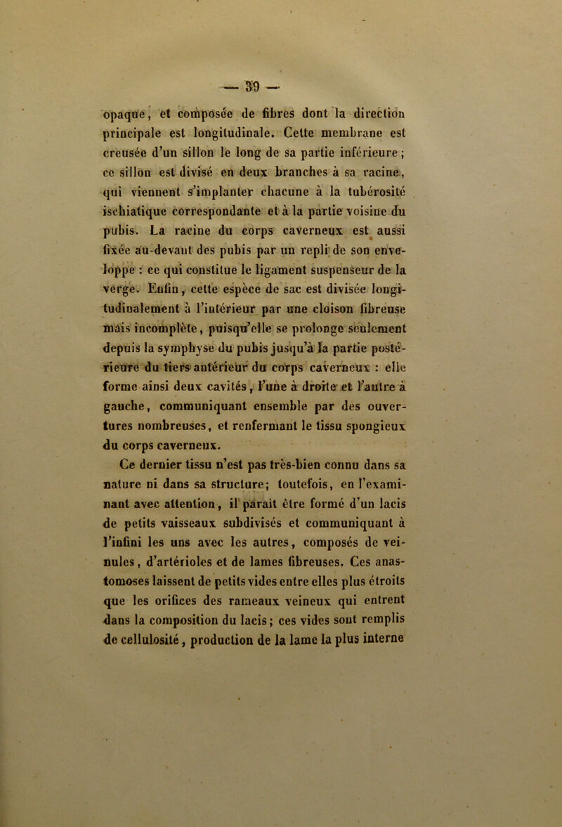 — ^9 opaqoé, et composée de fibres dont la direction principale est longitudinale. Cette membrane est creusée d’un sillon lé long de sa partie inférieure ; ce sillon est divisé en deux branches à sa racine, qui viennent s’implanter chacune à la tubérosité iscbiatique correspondante et à la partie voisine.du pubis. La racine du corps caverneux est^ aussi fixée aU'devaul des pubis par un repli; de son enve- loppé : ce qui constitue le ligament suspénseur de la verge. Enfin, cette espèce de sac est divisée longi- tudinalement à rintérieur, par une cloison fibreuse mais incomplète, puisqu’elle se prolonge seulement depuis la symphyse du pubis jusqu’à la partie posté- rieure du tiers» antérieur du corps caverneux : elle forme ainsi deux cavités, l’une à droite et l’autre à gauche, communiquant ensemble par des ouver- tures nombreuses, et renfermant le tissu spongieux du corps caverneux. Ce dernier tissu n’est pas très-bien connu dans sa nature ni dans sa structure; toutefois, en l’exami- nant avec attention, il paraît être formé d’un lacis de petits vaisseaux subdivisés et communiquant à l’infini les uns avec les autres, composés de vei- nules , d’artérioles et de lames fibreuses, Ces anas- tomoses laissent de petits vides entre elles plus étroits que les orifices des rameaux veineux qui entrent dans la composition du lacis ; ces vides sont remplis de cellulosité, production de la lame la plus interne