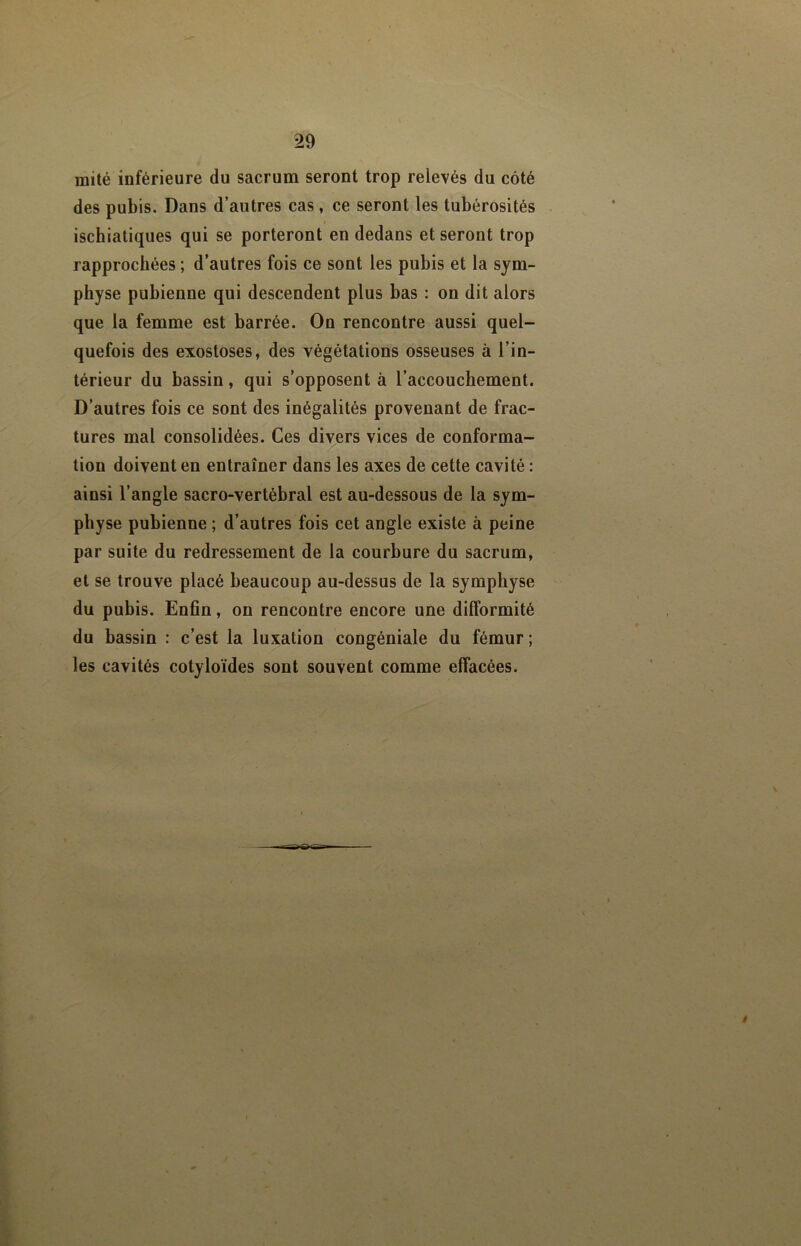 mité inférieure du sacrum seront trop relevés du côté des pubis. Dans d’autres cas, ce seront les tubérosités iscbiatiques qui se porteront en dedans et seront trop rapprochées ; d’autres fois ce sont les pubis et la sym- physe pubienne qui descendent plus bas : on dit alors que la femme est barrée. On rencontre aussi quel- quefois des exostoses, des végétations osseuses à l’in- térieur du bassin, qui s’opposent à l’accouchement. D’autres fois ce sont des inégalités provenant de frac- tures mal consolidées. Ces divers vices de conforma- tion doivent en entraîner dans les axes de cette cavité : ainsi l’angle sacro-vertébral est au-dessous de la sym- physe pubienne ; d’autres fois cet angle existe à peine par suite du redressement de la courbure du sacrum, et se trouve placé beaucoup au-dessus de la symphyse du pubis. Enfin, on rencontre encore une difformité du bassin : c’est la luxation congéniale du fémur ; les cavités cotyloïdes sont souvent comme effacées.