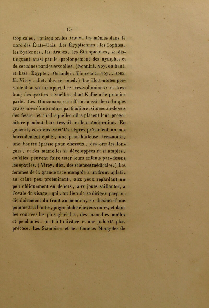 tropicales , puisqu’on les trouve les mêmes dans le nord des États-Unis. Les Égyptiennes , lesCophtes,* les Syriennes , les Arabes , les Éthiopiennes, se dis- tinguent aussi par le prolongement des nymphes et de certaines parties sexuelles. (Sonnini, voy.en haut, et bass. Égypte; Osiander, Thevenot, voy. , tora. II. Virey , dict. des sc. méd. ) Les Hottentotes pré- sentent aussi un appendice très-volumineux et très- long des parties sexuelles, dont Rolbe a le premier parlé. Les Ilouzouanasses offrent aussi deux loupes graisseuses d’une nature particulière, situées au-dessus des fesses, et sur lesquelles elles placent leur progé- niture pendant leur travail ou leur émigration. 'En général, ces deux variétés nègres présentent un nez horriblement épaté , une peau huileuse, très-noire , une bourre épaisse pour cheveux , des oreilles lon- gues, et des mamelles si développées et si amples , qu’elles peuvent faire téter leurs enfants par-dessus les épaules. (Virey, dict. des sciences médicales. ) Les femmes de la grande race mongole à un front aplati,. au crâne peu proéminent, aux yeux regardant un peu obliquement en dehors , aux joues saillantes, à l’ovale du visage , qui, au lieu de se diriger perpen- diculairement du front au menton, se dessine d’une pommette à l’autre, joignent des cheveux noirs, et dans les contrées les plus glaciales, des mamelles molles et pendantes, un teint olivâtre et une puberté plus précoce. Les Siamoises et les femmes Mongoles de \