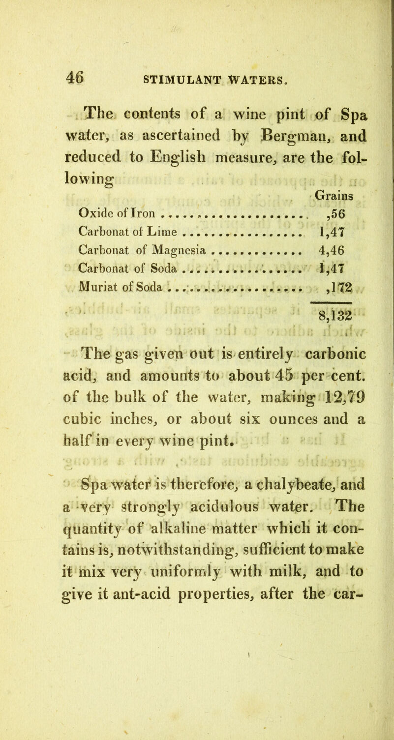 The contents of a wine pint of Spa water, as ascertained by Bergman, and reduced to English measure, are the fol- lowing Grains Oxide of Iron ,56 Carbonat of Lime 1,47 Carbonat of Magnesia 4,46 Carbonat of Soda 1,47 Muriat of Soda ................... ,172 8,132 1 The gas given out is entirely carbonic acid, and amounts to about 45 per cent, of the bulk of the water, making 12,79 cubic inches, or about six ounces and a half in every wine pint. Spa water is therefore, a chalybeate, and a very strongly acidulous water. The quantity of alkaline matter which it con- tains is, notwithstanding, sufficient to make it mix very uniformly with milk, and to give it ant-acid properties, after the car-